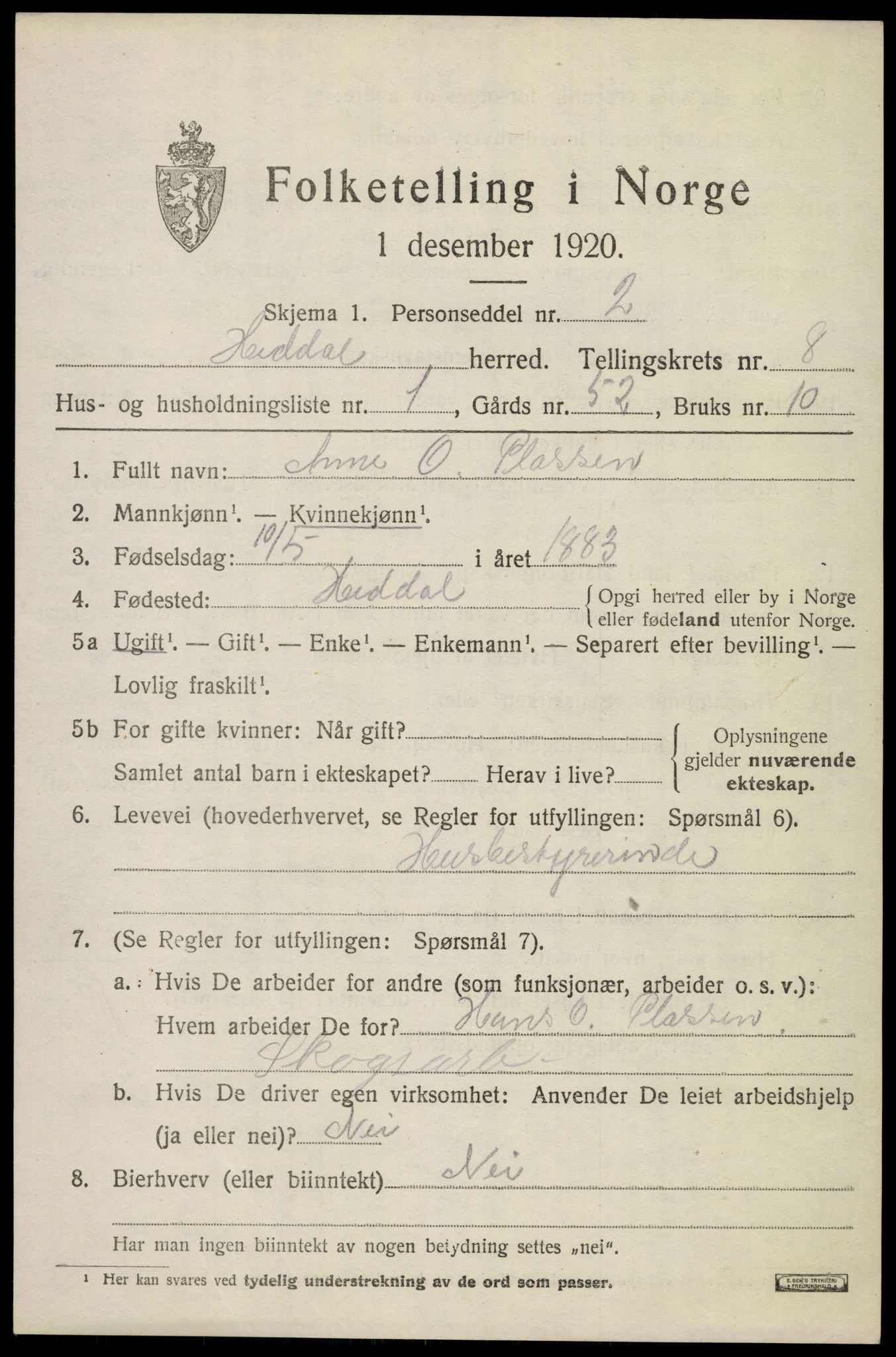 SAKO, 1920 census for Heddal, 1920, p. 6008