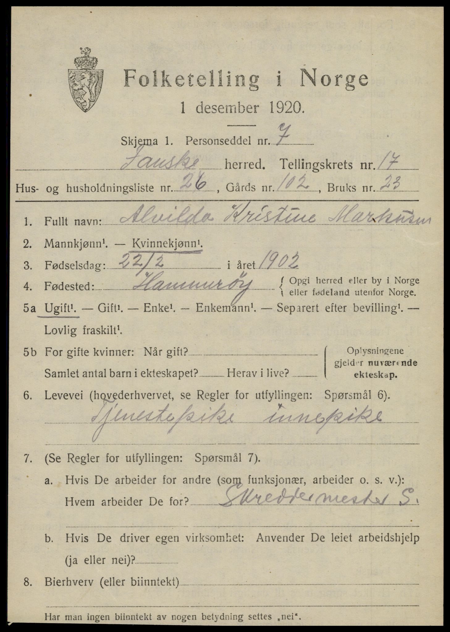 SAT, 1920 census for Fauske, 1920, p. 10814