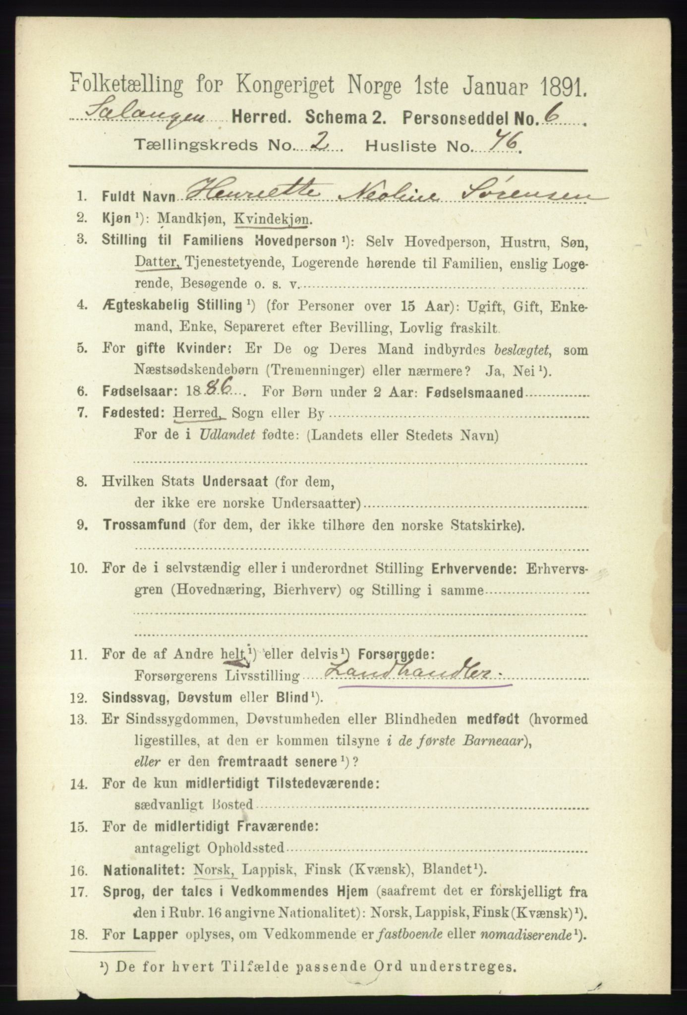 RA, 1891 census for 1921 Salangen, 1891, p. 1139