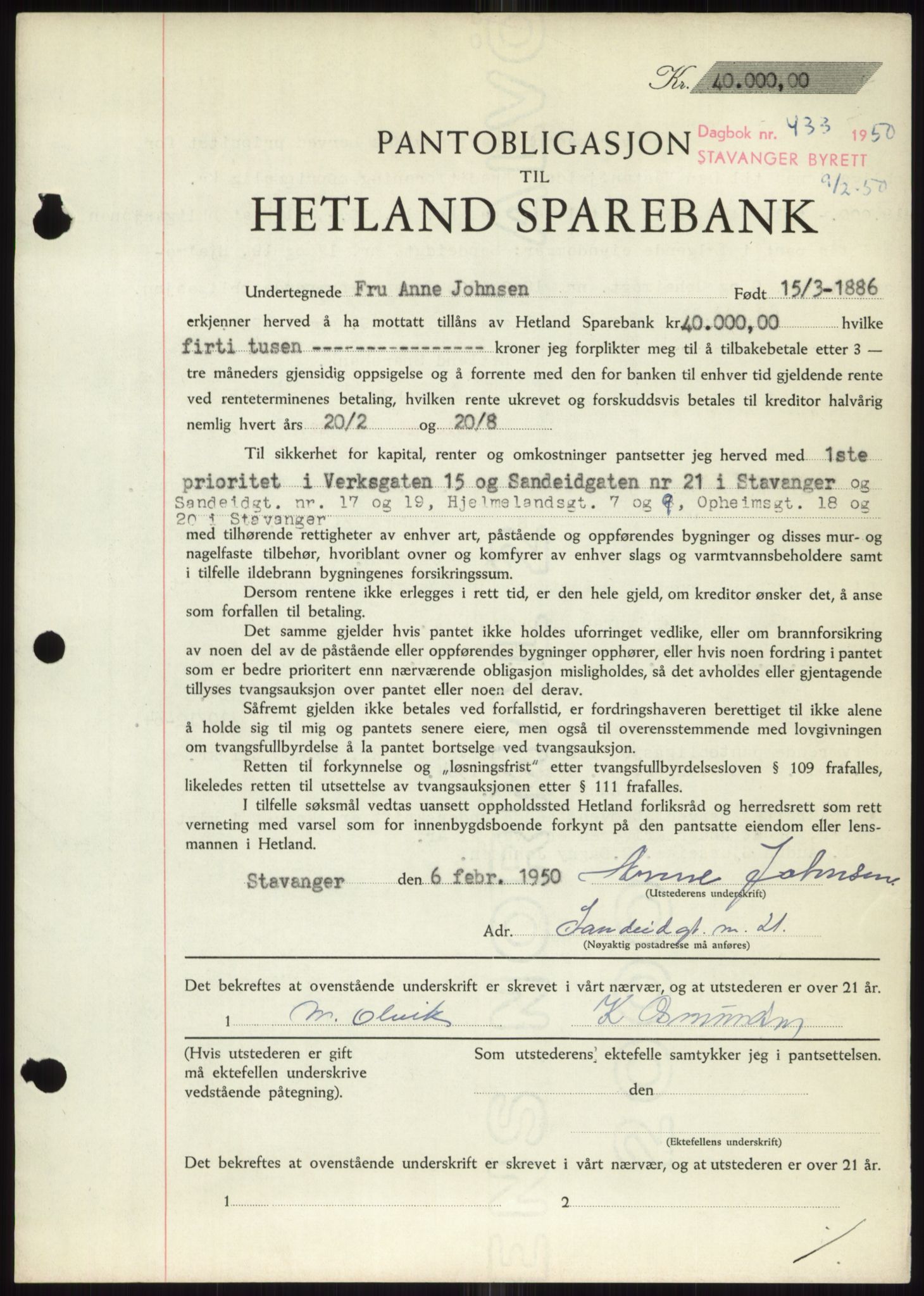 Stavanger byrett, SAST/A-100455/002/G/Gb/L0032: Mortgage book, 1947-1950, Diary no: : 433/1950