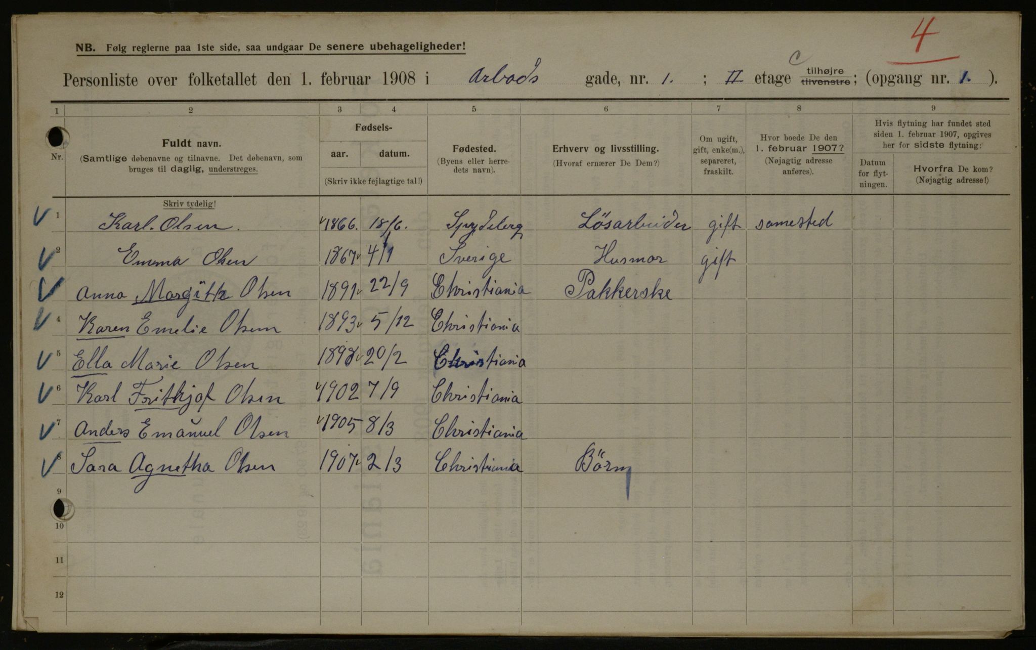 OBA, Municipal Census 1908 for Kristiania, 1908, p. 1908