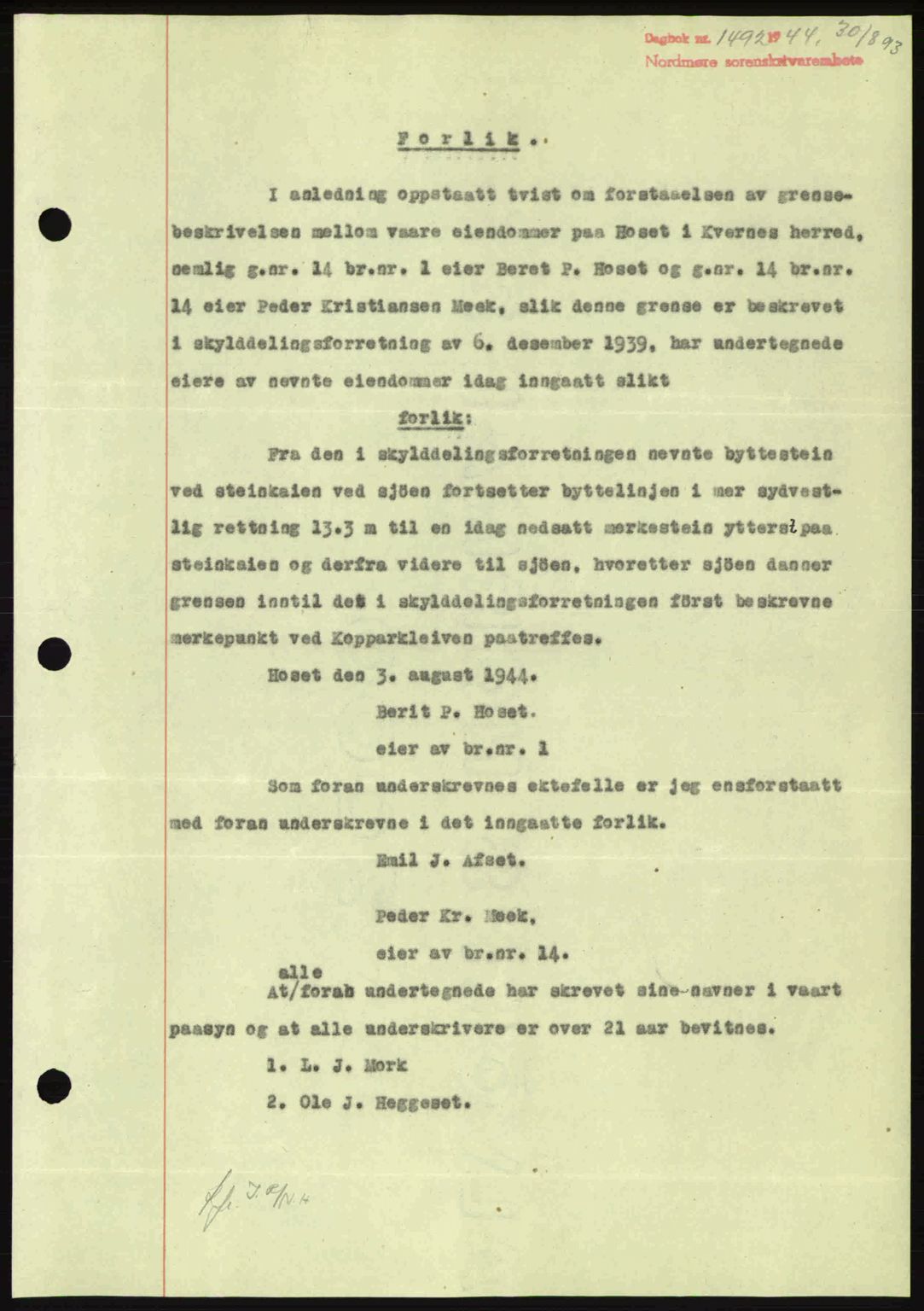 Nordmøre sorenskriveri, AV/SAT-A-4132/1/2/2Ca: Mortgage book no. B92, 1944-1945, Diary no: : 1492/1944