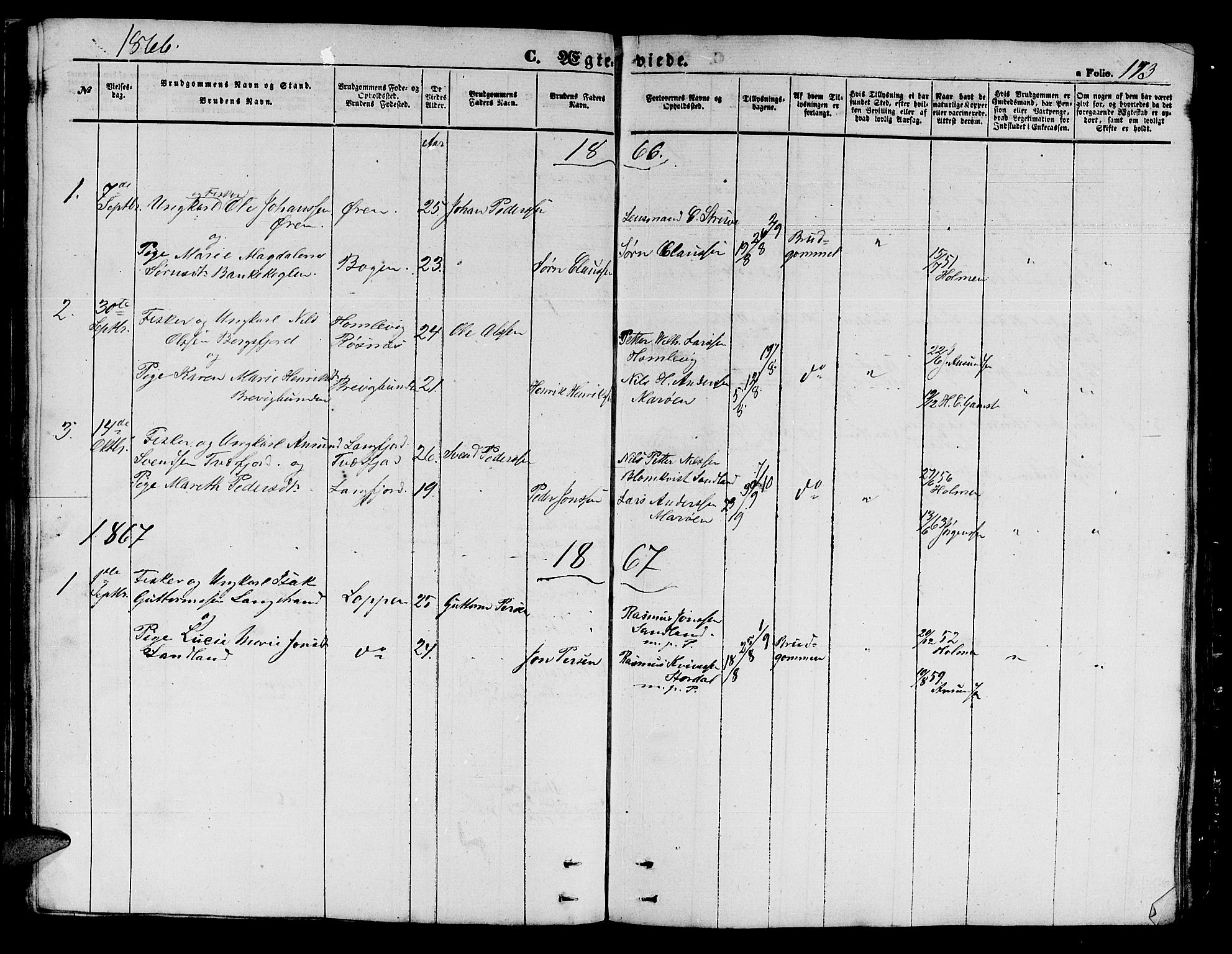 Loppa sokneprestkontor, AV/SATØ-S-1339/H/Hb/L0002klokker: Parish register (copy) no. 2, 1850-1880, p. 173