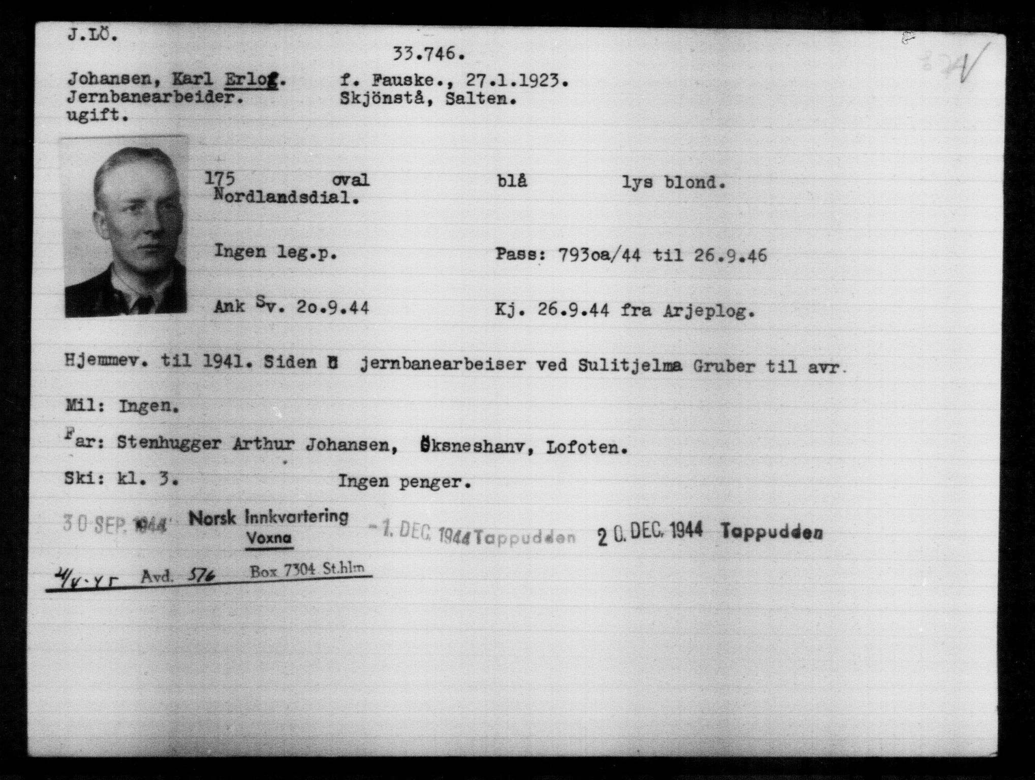 Utenriksstasjonene, Legasjonen i Stockholm, Flyktningkontoret, AV/RA-S-6753/V/Va/L0013: Kjesäterkartoteket, flyktninger med registreringsnr. 31500-34731, 1940-1945, p. 2371