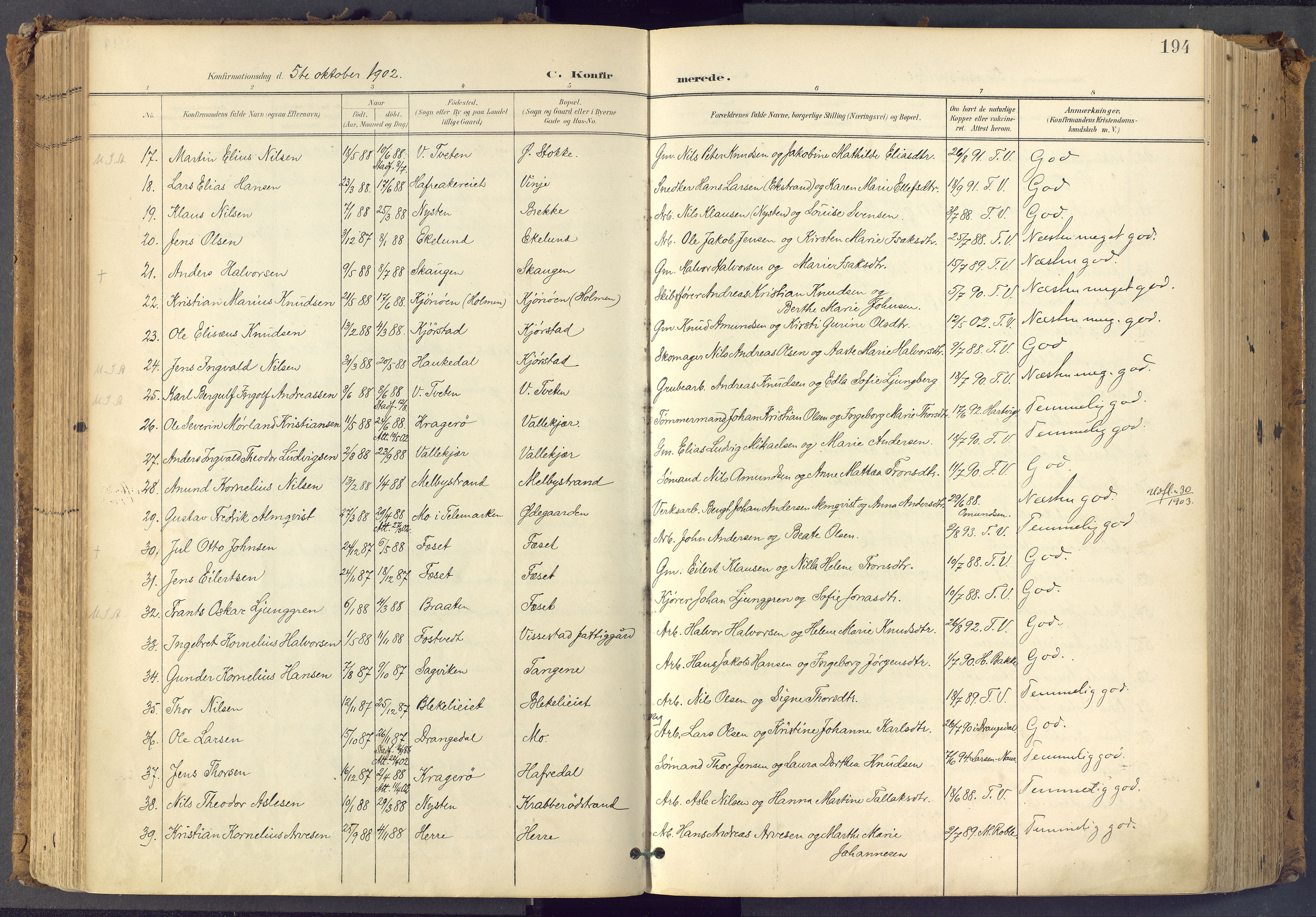 Bamble kirkebøker, AV/SAKO-A-253/F/Fa/L0009: Parish register (official) no. I 9, 1901-1917, p. 194