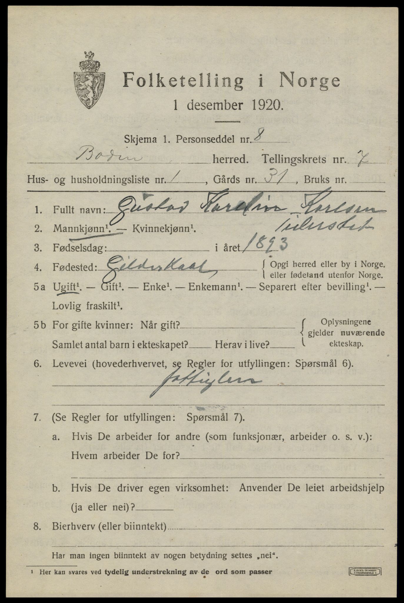 SAT, 1920 census for Bodin, 1920, p. 3974