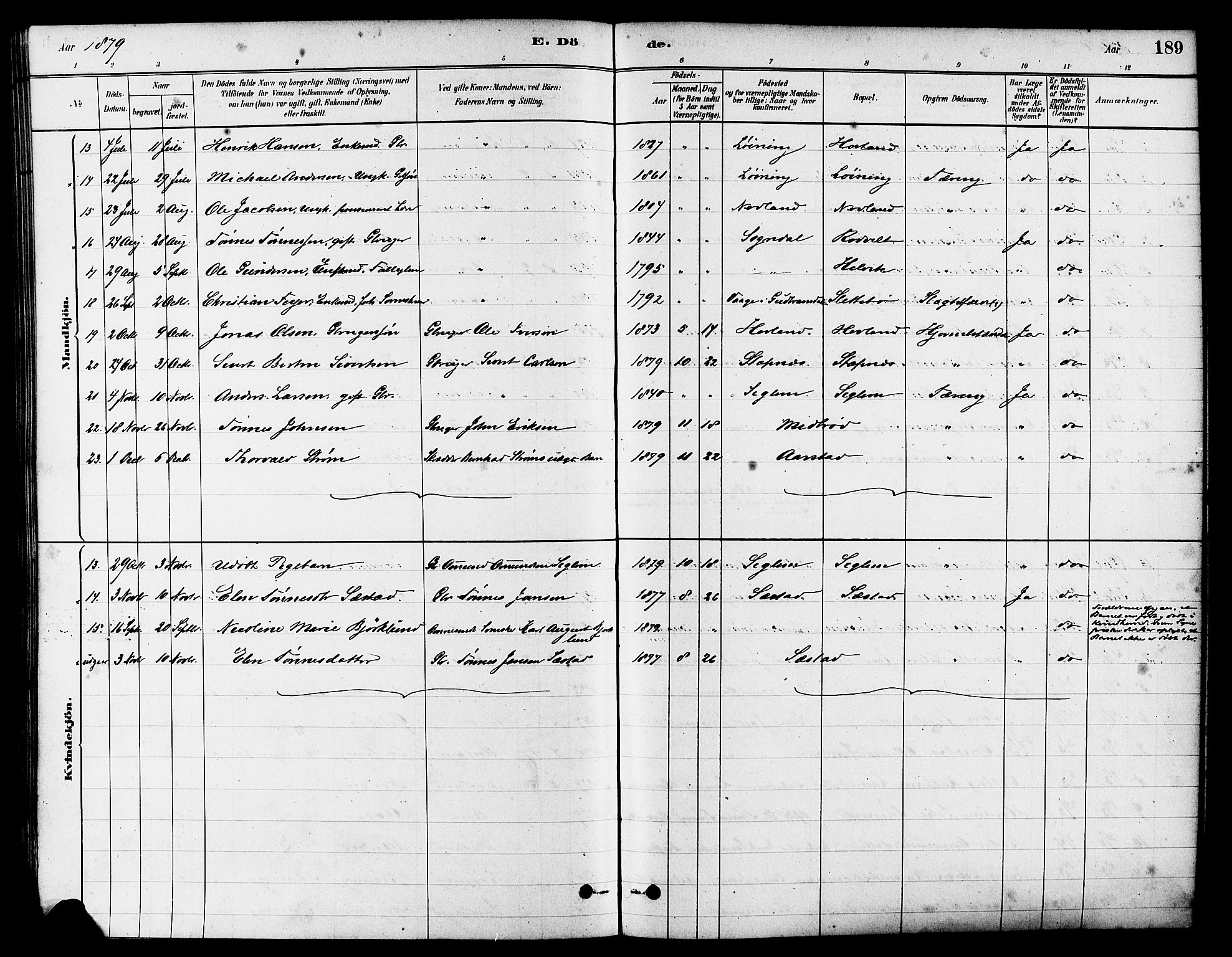 Eigersund sokneprestkontor, AV/SAST-A-101807/S08/L0017: Parish register (official) no. A 14, 1879-1892, p. 189