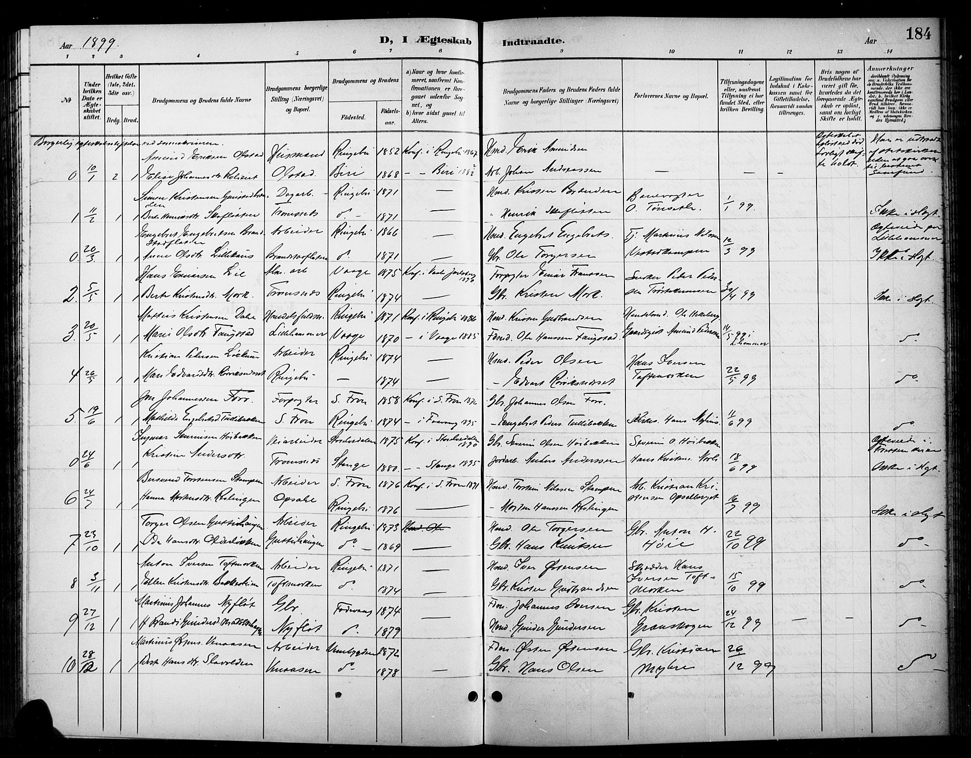 Ringebu prestekontor, SAH/PREST-082/H/Ha/Hab/L0009: Parish register (copy) no. 9, 1899-1921, p. 184