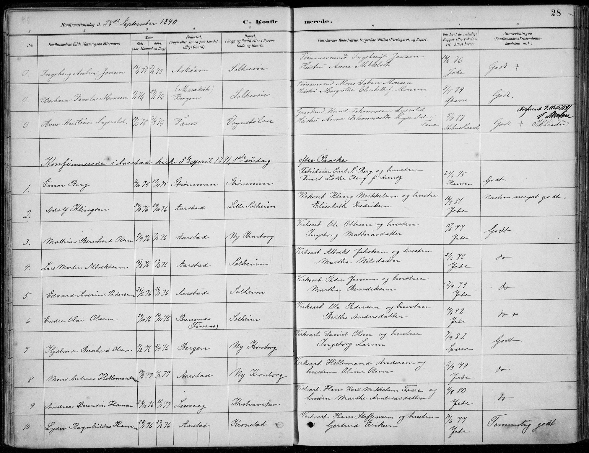 Årstad Sokneprestembete, AV/SAB-A-79301/H/Haa/L0006: Parish register (official) no. B 1, 1886-1901, p. 28