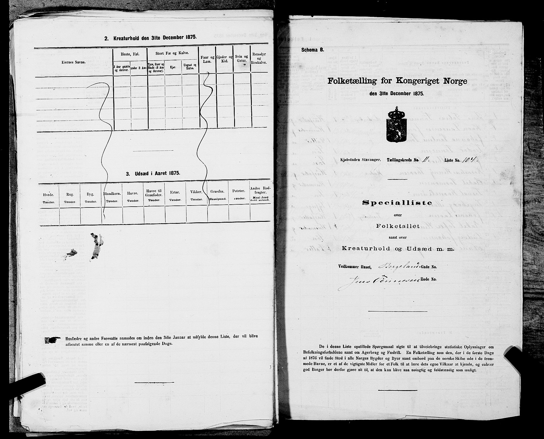 SAST, 1875 census for 1103 Stavanger, 1875, p. 2266