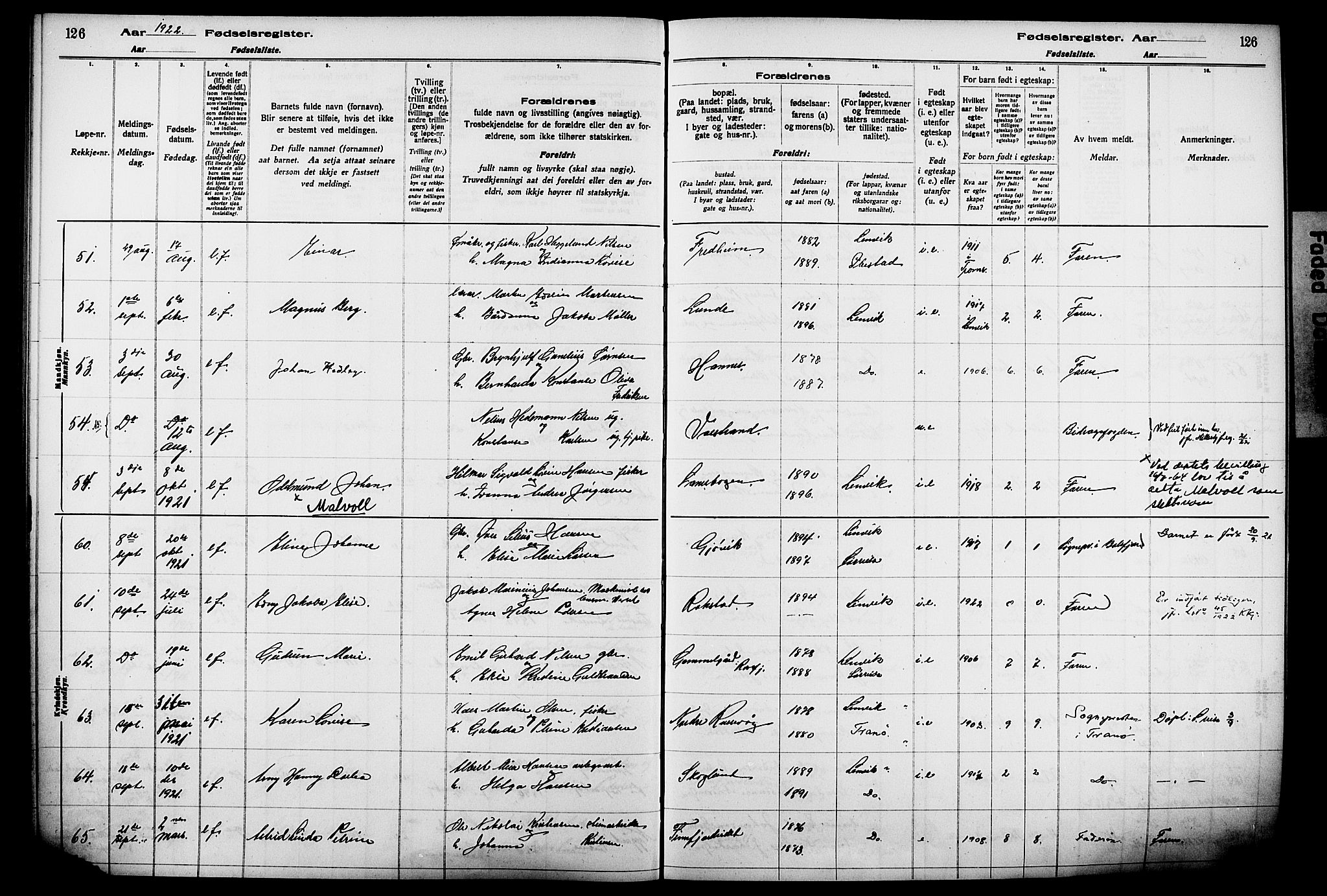 Lenvik sokneprestembete, SATØ/S-1310/I/Ic/L0089: Birth register no. 89, 1916-1926, p. 126