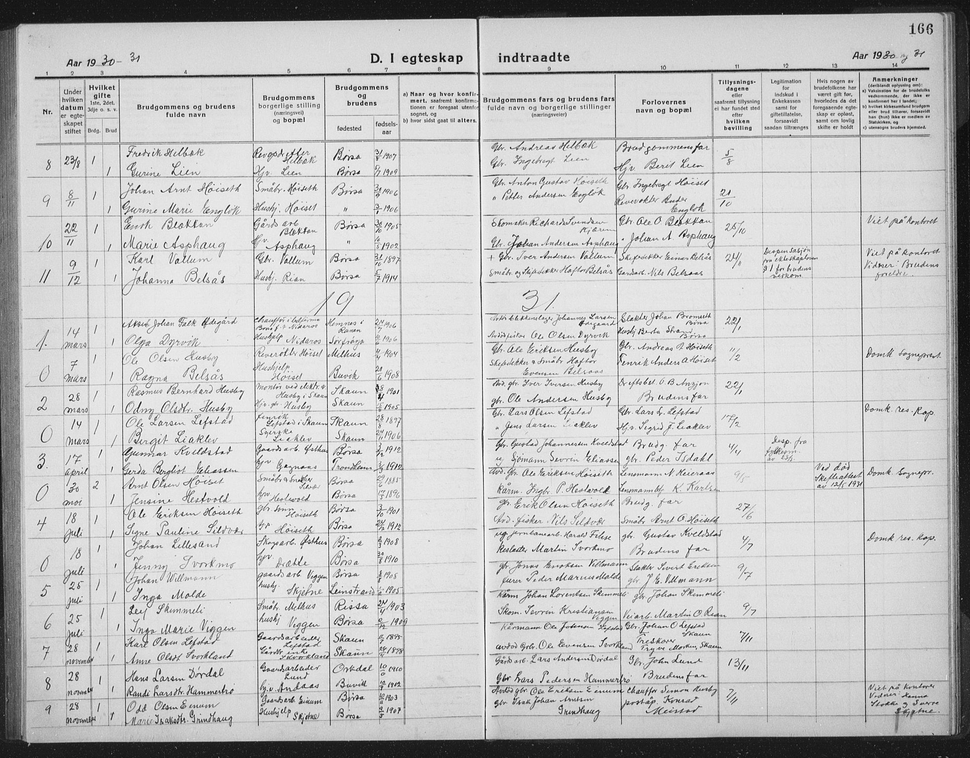 Ministerialprotokoller, klokkerbøker og fødselsregistre - Sør-Trøndelag, SAT/A-1456/665/L0778: Parish register (copy) no. 665C03, 1916-1938, p. 166