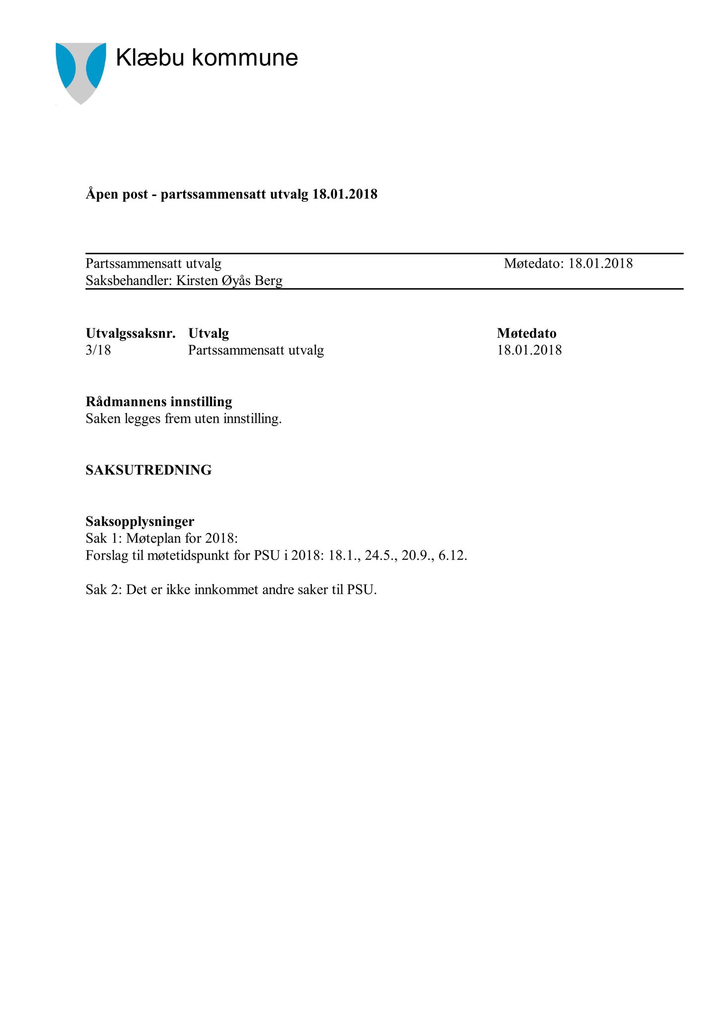 Klæbu Kommune, TRKO/KK/11-PSU/L003: Partssammensatt utvalg - Møtedokumenter, 2018, p. 8