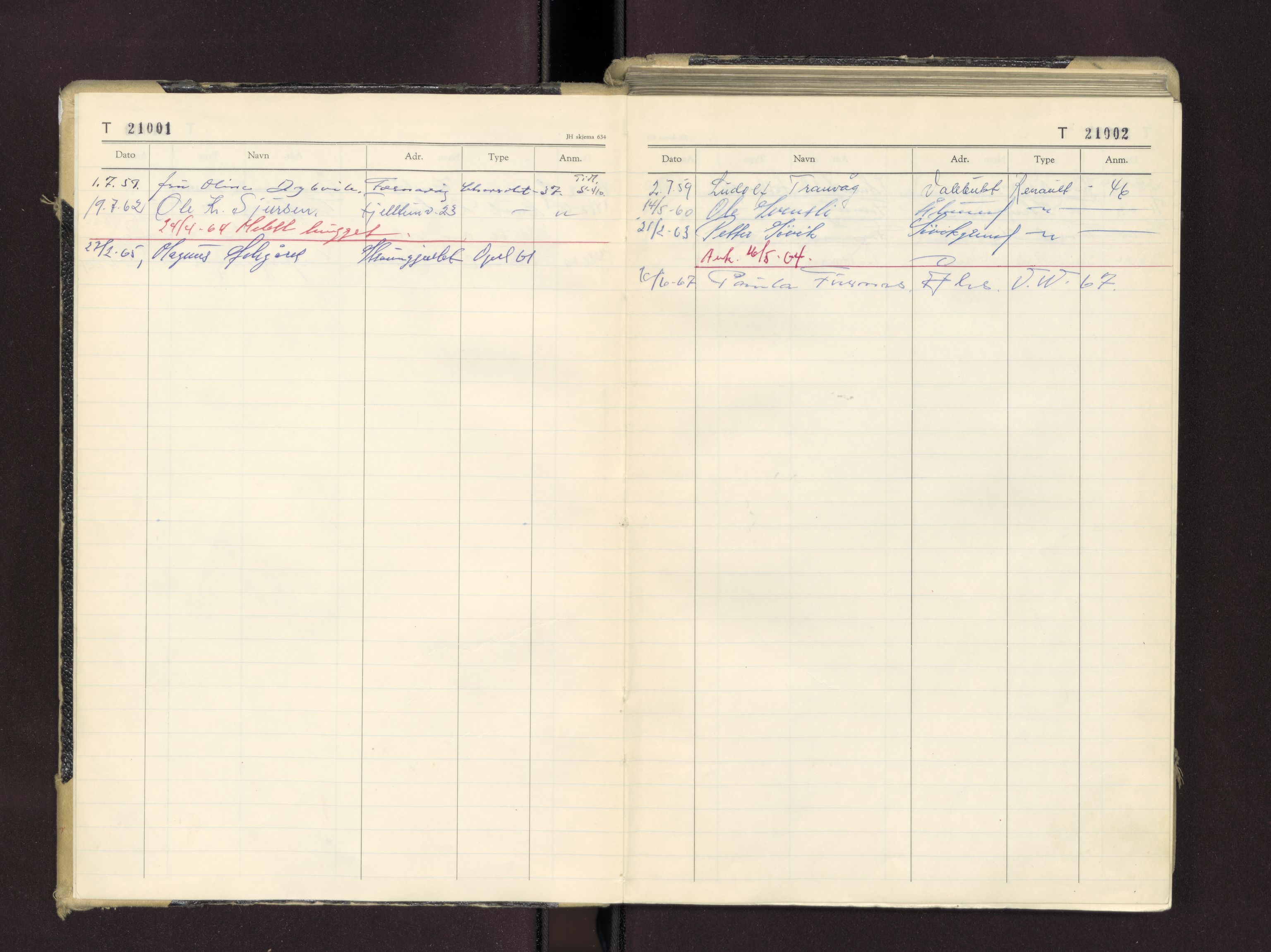 Møre og Romsdal vegkontor - Ålesund trafikkstasjon, AV/SAT-A-4099/F/Fc/L0016: Bilregister; T 21000 - T 21499, 1955-1970