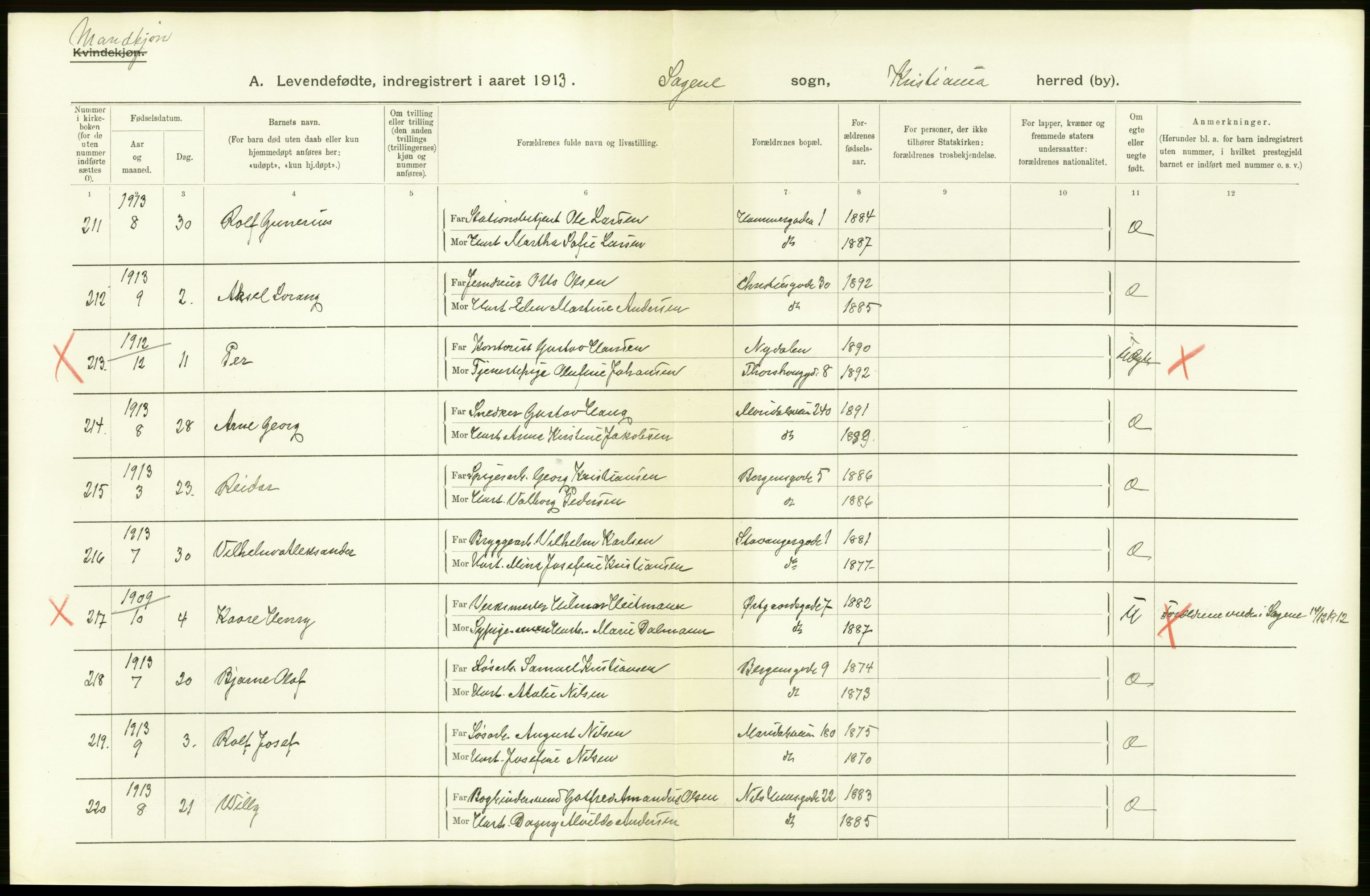 Statistisk sentralbyrå, Sosiodemografiske emner, Befolkning, AV/RA-S-2228/D/Df/Dfb/Dfbc/L0006: Kristiania: Levendefødte menn og kvinner., 1913, p. 14