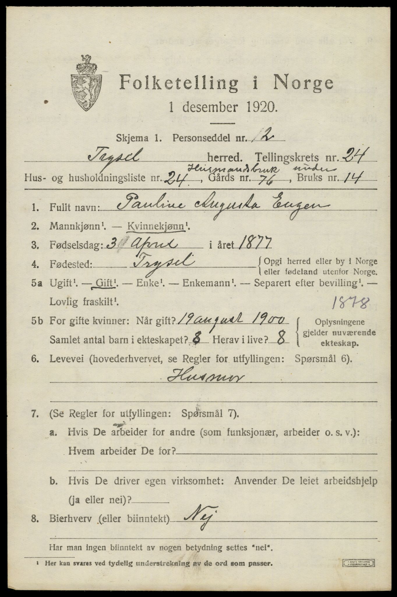 SAH, 1920 census for Trysil, 1920, p. 15505