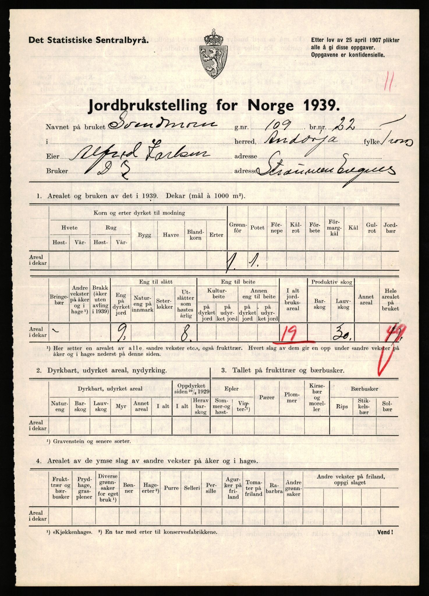 Statistisk sentralbyrå, Næringsøkonomiske emner, Jordbruk, skogbruk, jakt, fiske og fangst, AV/RA-S-2234/G/Gb/L0339: Troms: Andørja, Astafjord og Lavangen, 1939, p. 508