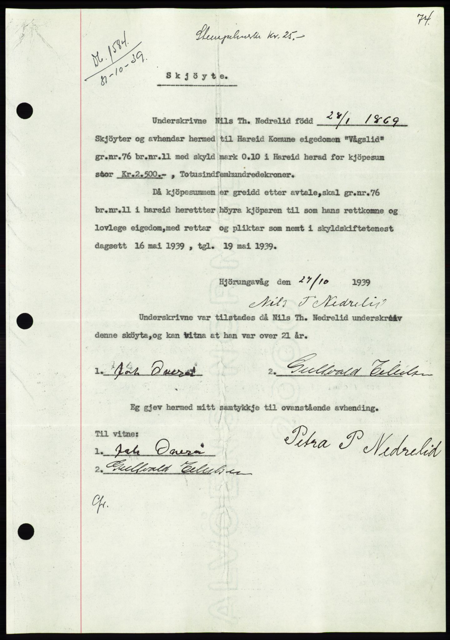 Søre Sunnmøre sorenskriveri, AV/SAT-A-4122/1/2/2C/L0069: Mortgage book no. 63, 1939-1940, Diary no: : 1584/1939