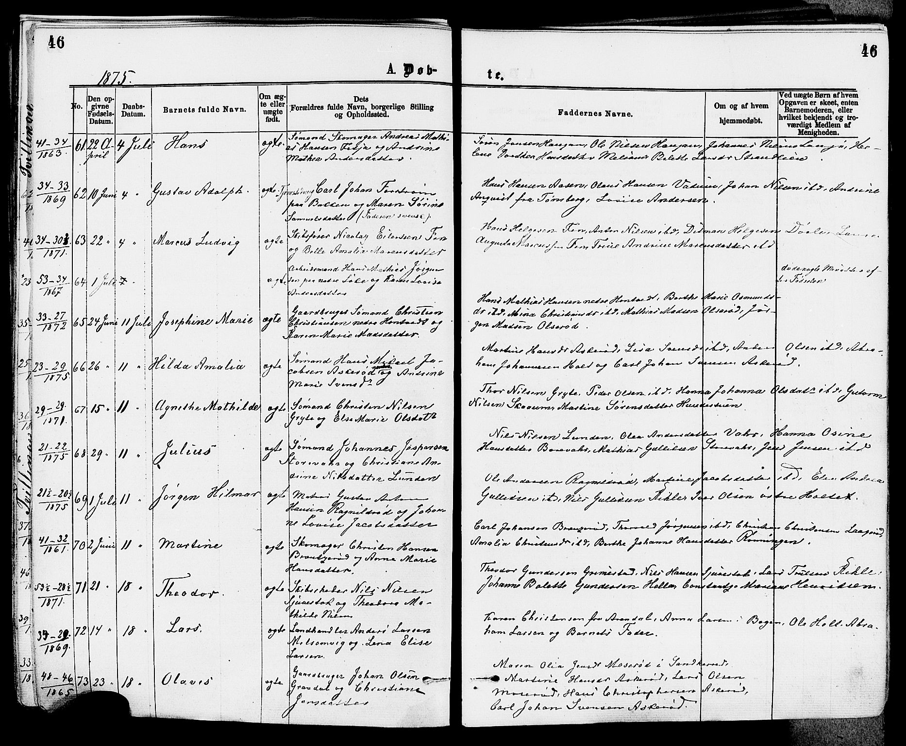 Stokke kirkebøker, AV/SAKO-A-320/F/Fa/L0009: Parish register (official) no. I 9, 1872-1883, p. 46