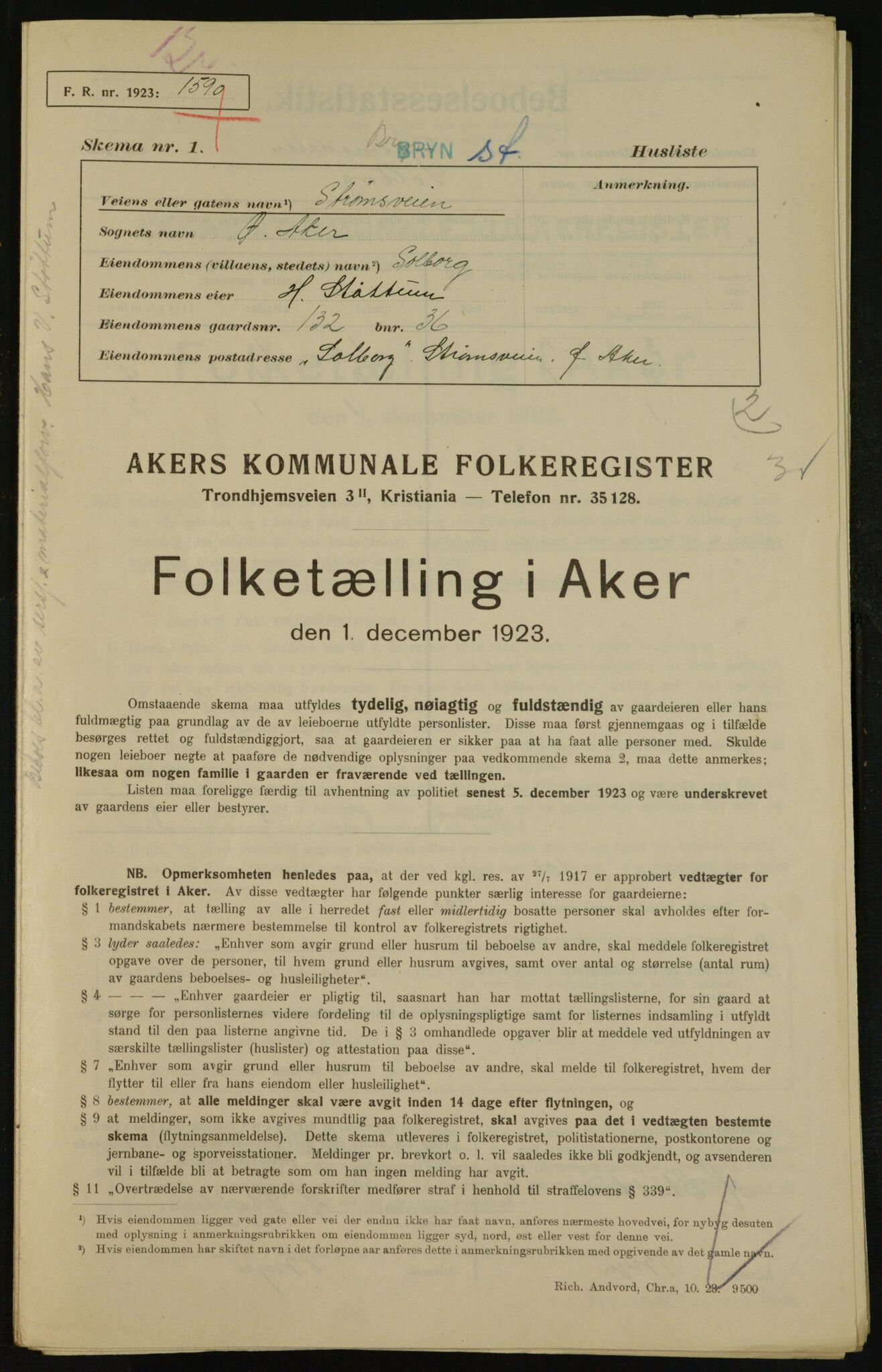 , Municipal Census 1923 for Aker, 1923, p. 32576