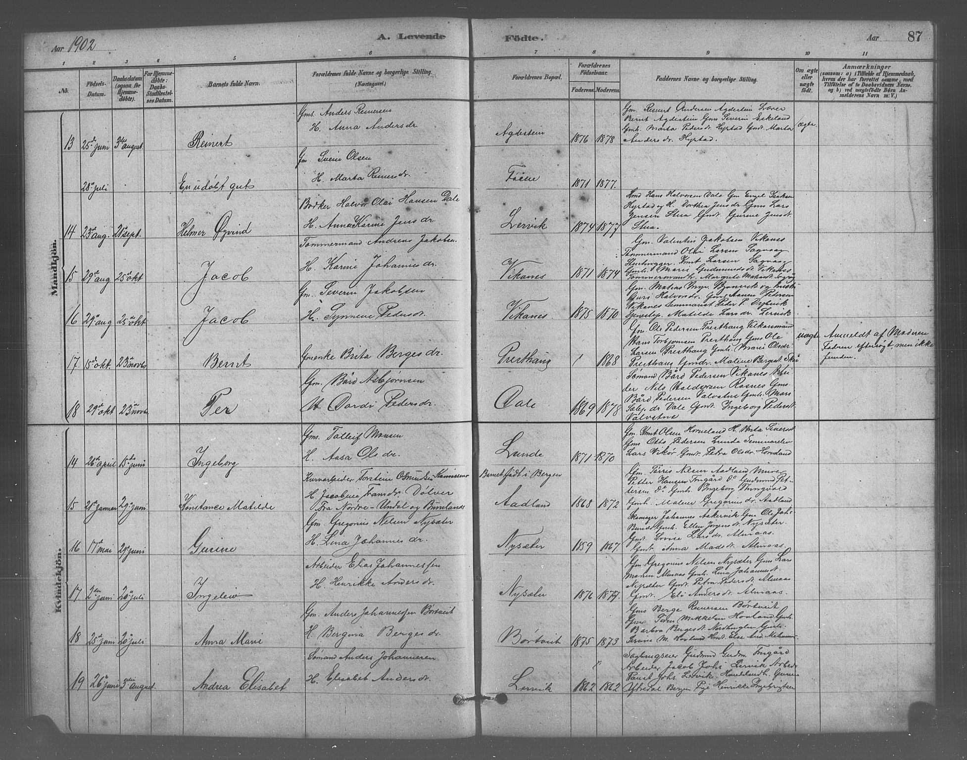 Stord sokneprestembete, SAB/A-78201/H/Hab: Parish register (copy) no. A 2, 1879-1909, p. 87