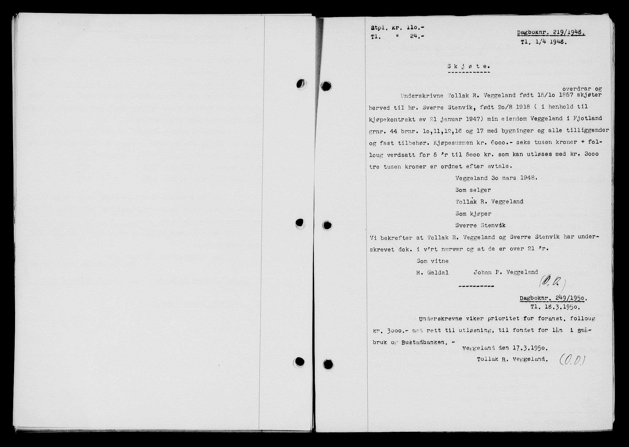 Flekkefjord sorenskriveri, SAK/1221-0001/G/Gb/Gba/L0063: Mortgage book no. A-11, 1947-1948, Diary no: : 219/1948