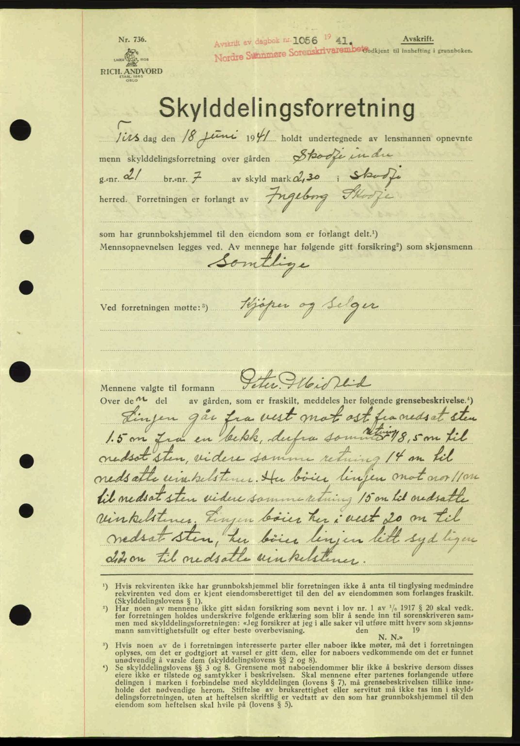 Nordre Sunnmøre sorenskriveri, AV/SAT-A-0006/1/2/2C/2Ca: Mortgage book no. A11, 1941-1941, Diary no: : 1056/1941