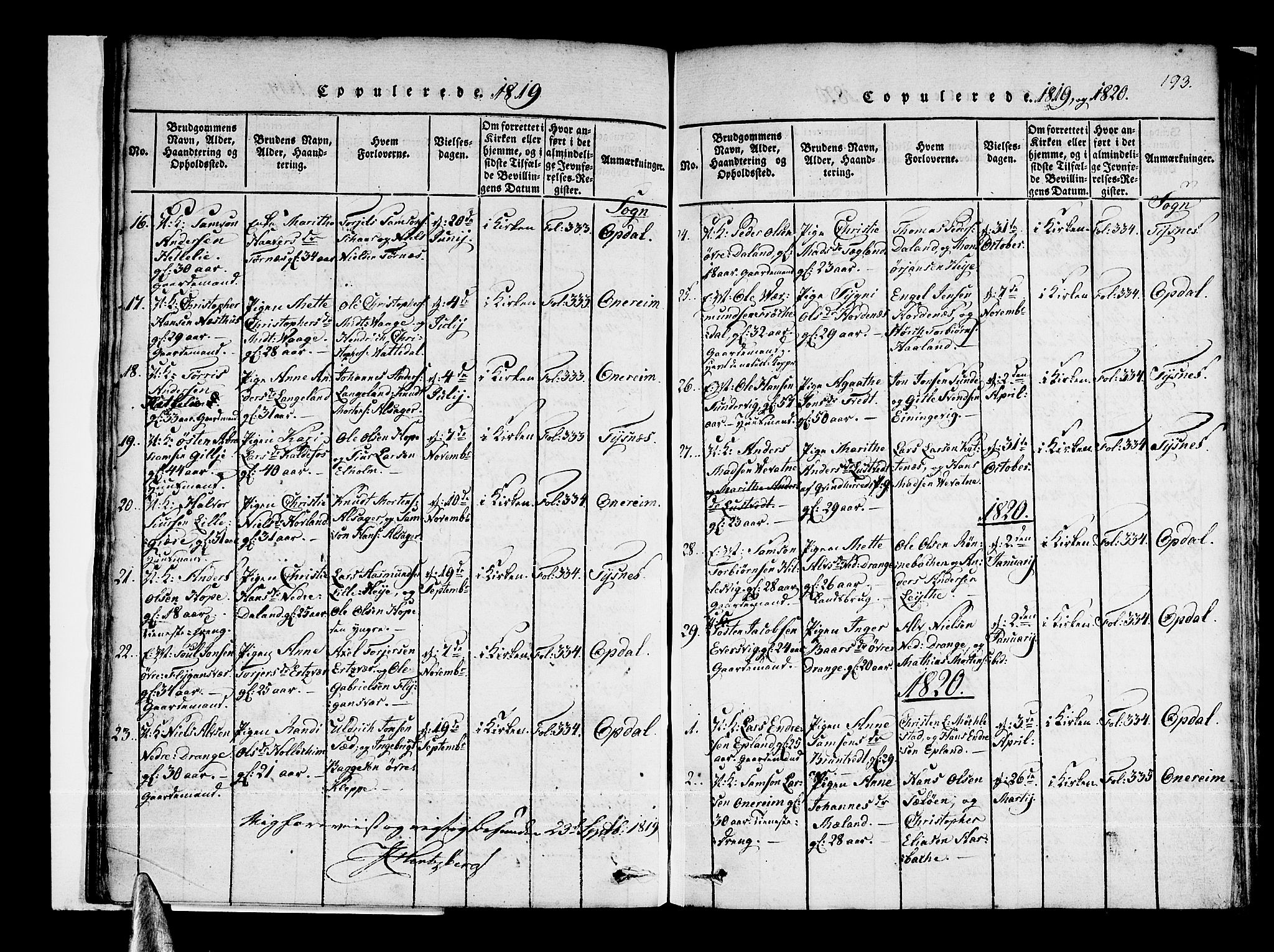 Tysnes sokneprestembete, AV/SAB-A-78601/H/Haa: Parish register (official) no. A 7, 1816-1826, p. 193