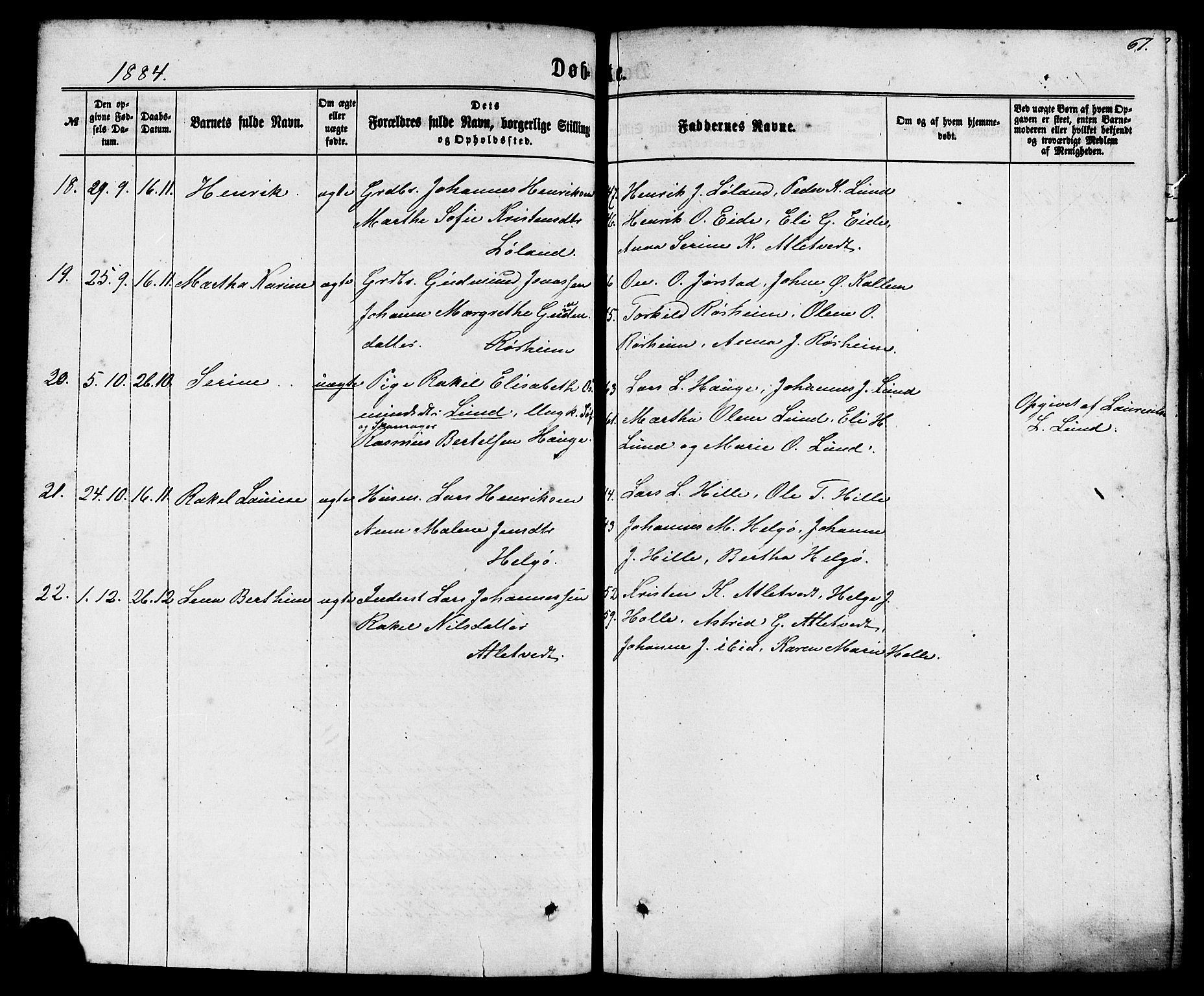 Nedstrand sokneprestkontor, SAST/A-101841/01/IV: Parish register (official) no. A 10, 1861-1887, p. 67
