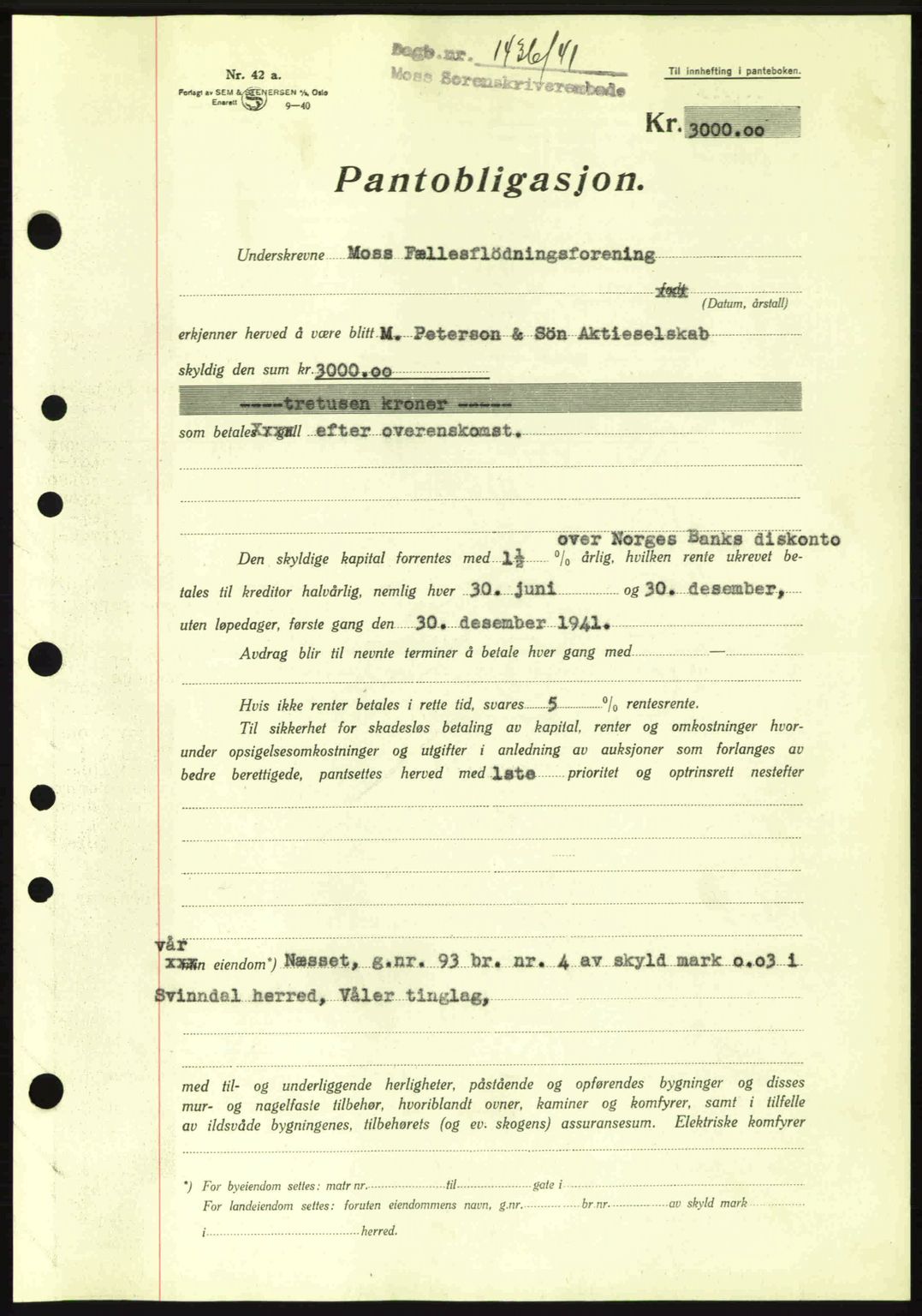 Moss sorenskriveri, AV/SAO-A-10168: Mortgage book no. B11, 1941-1942, Diary no: : 1436/1941