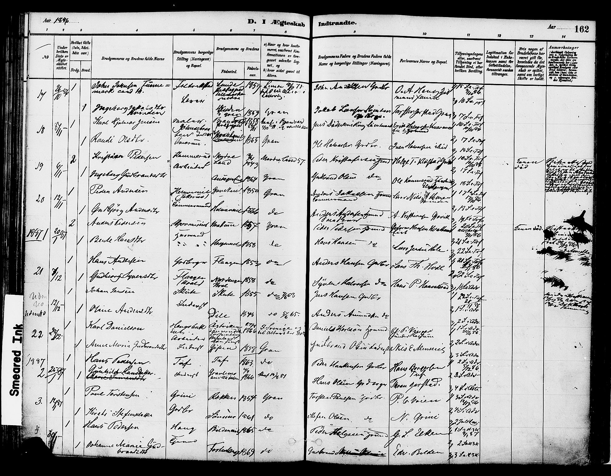 Gran prestekontor, SAH/PREST-112/H/Ha/Haa/L0014: Parish register (official) no. 14, 1880-1889, p. 162