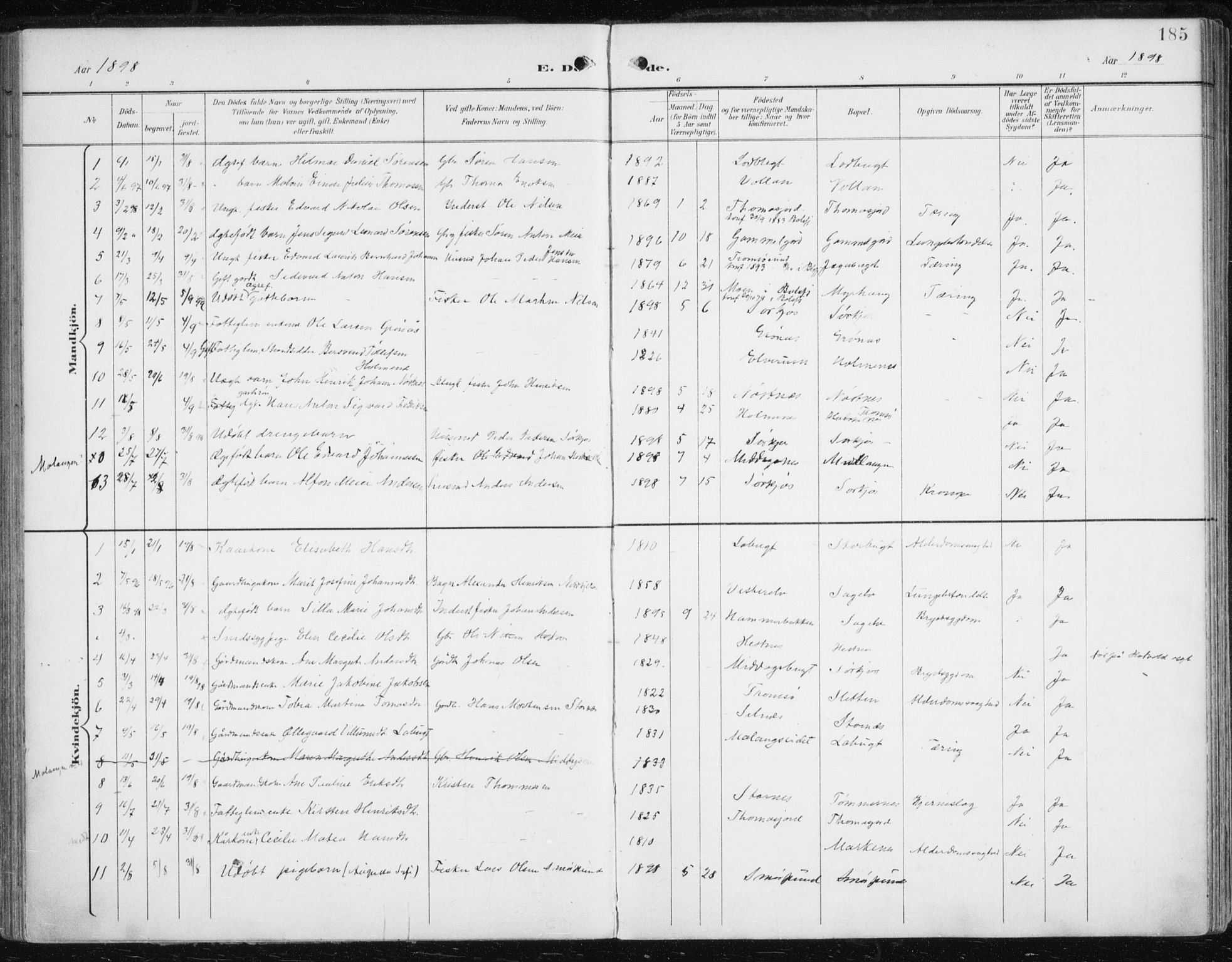 Balsfjord sokneprestembete, AV/SATØ-S-1303/G/Gaa/L0006kirke: Parish register (official) no. 6, 1897-1909, p. 185