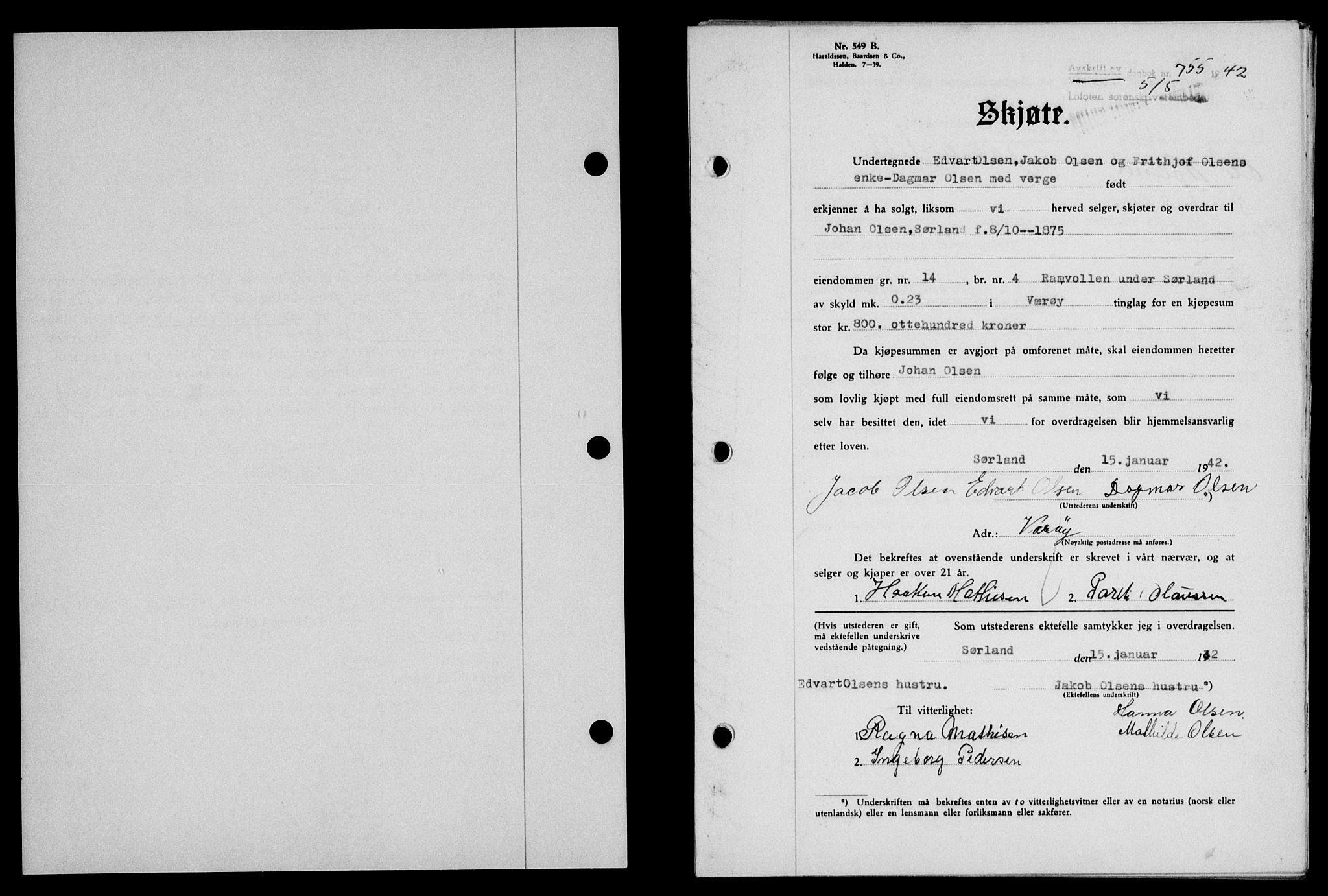 Lofoten sorenskriveri, SAT/A-0017/1/2/2C/L0009a: Mortgage book no. 9a, 1941-1942, Diary no: : 755/1942