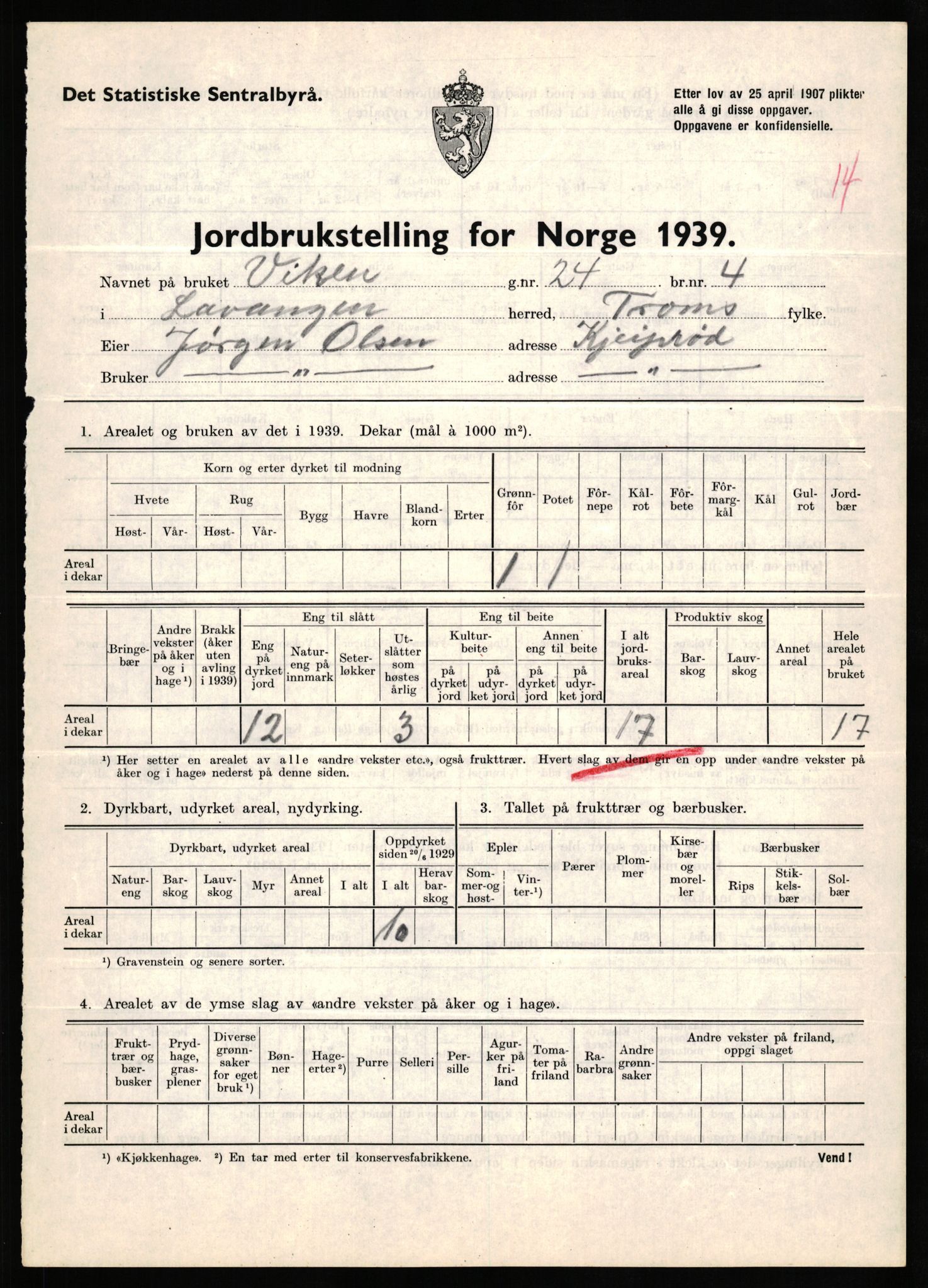 Statistisk sentralbyrå, Næringsøkonomiske emner, Jordbruk, skogbruk, jakt, fiske og fangst, AV/RA-S-2234/G/Gb/L0339: Troms: Andørja, Astafjord og Lavangen, 1939, p. 931