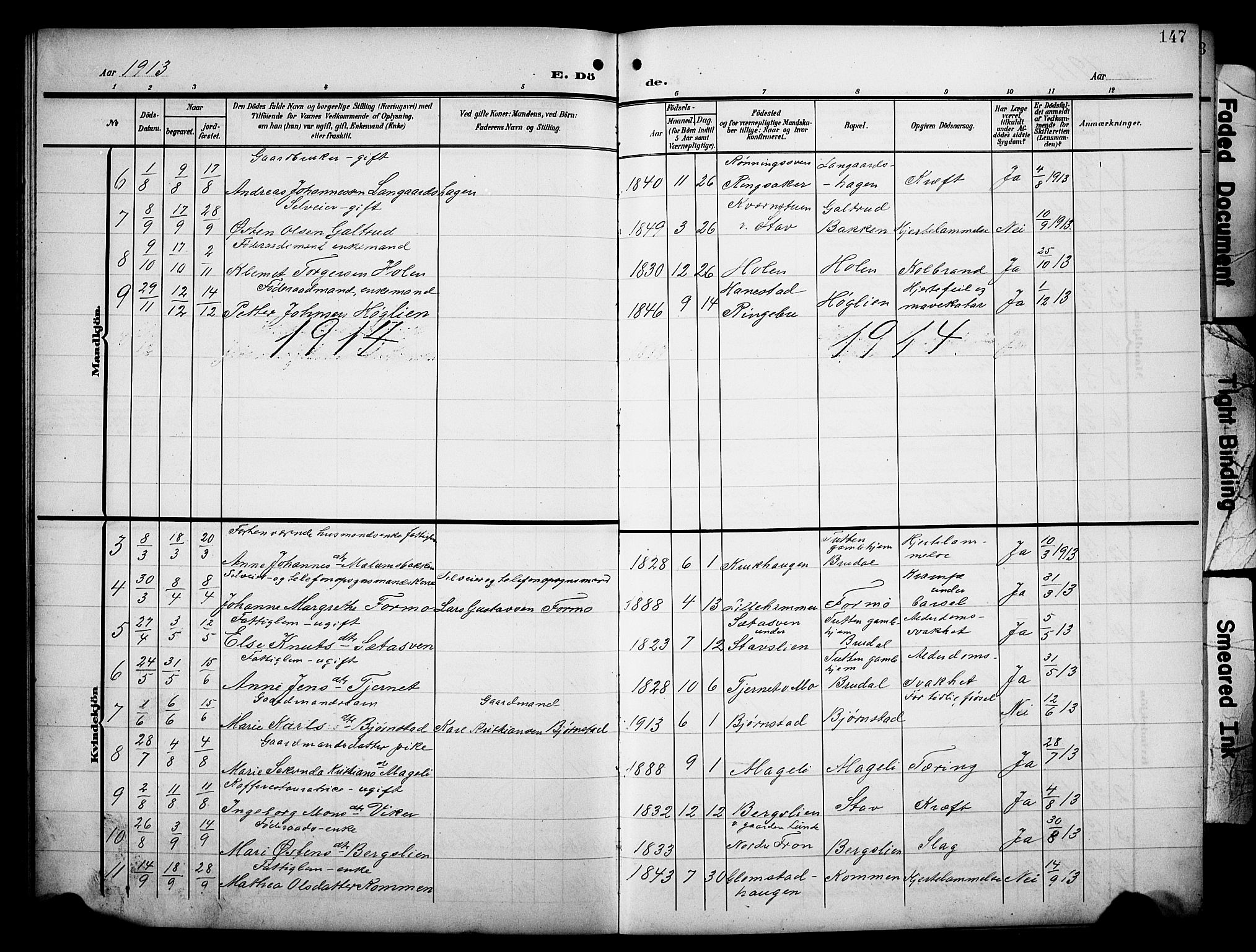 Øyer prestekontor, SAH/PREST-084/H/Ha/Hab/L0006: Parish register (copy) no. 6, 1906-1929, p. 147