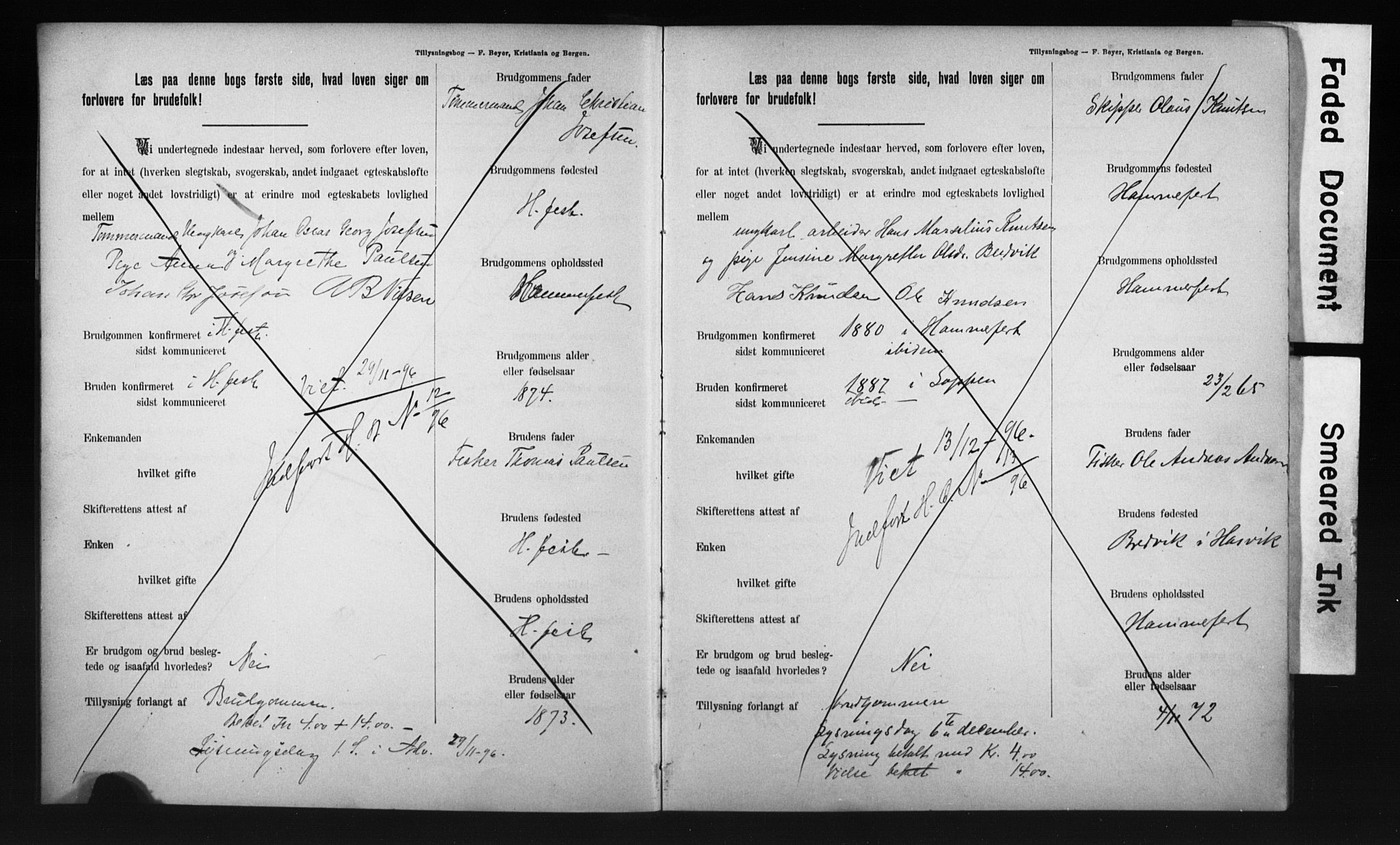 Hammerfest sokneprestkontor, AV/SATØ-S-1347/I/Ib/L0070/0004: Banns register no. 70.4, 1896-1899