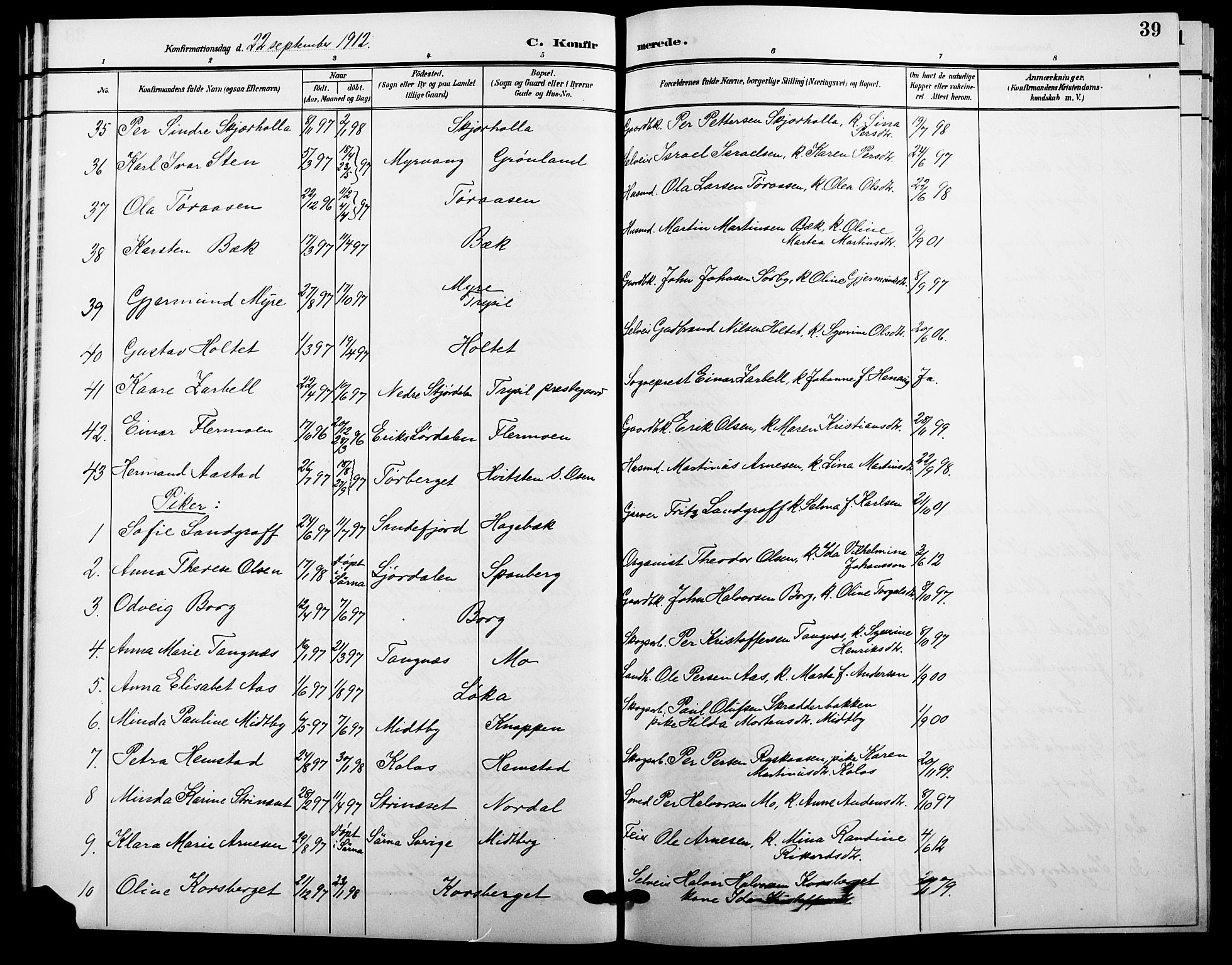 Trysil prestekontor, AV/SAH-PREST-046/H/Ha/Hab/L0009: Parish register (copy) no. 9, 1904-1924, p. 39