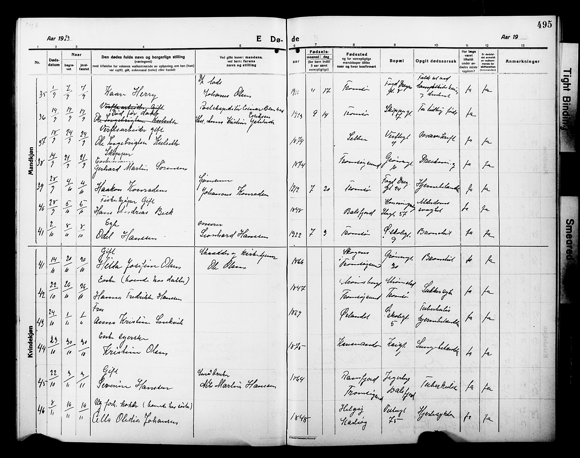 Tromsø sokneprestkontor/stiftsprosti/domprosti, AV/SATØ-S-1343/G/Gb/L0009klokker: Parish register (copy) no. 9, 1915-1925, p. 495