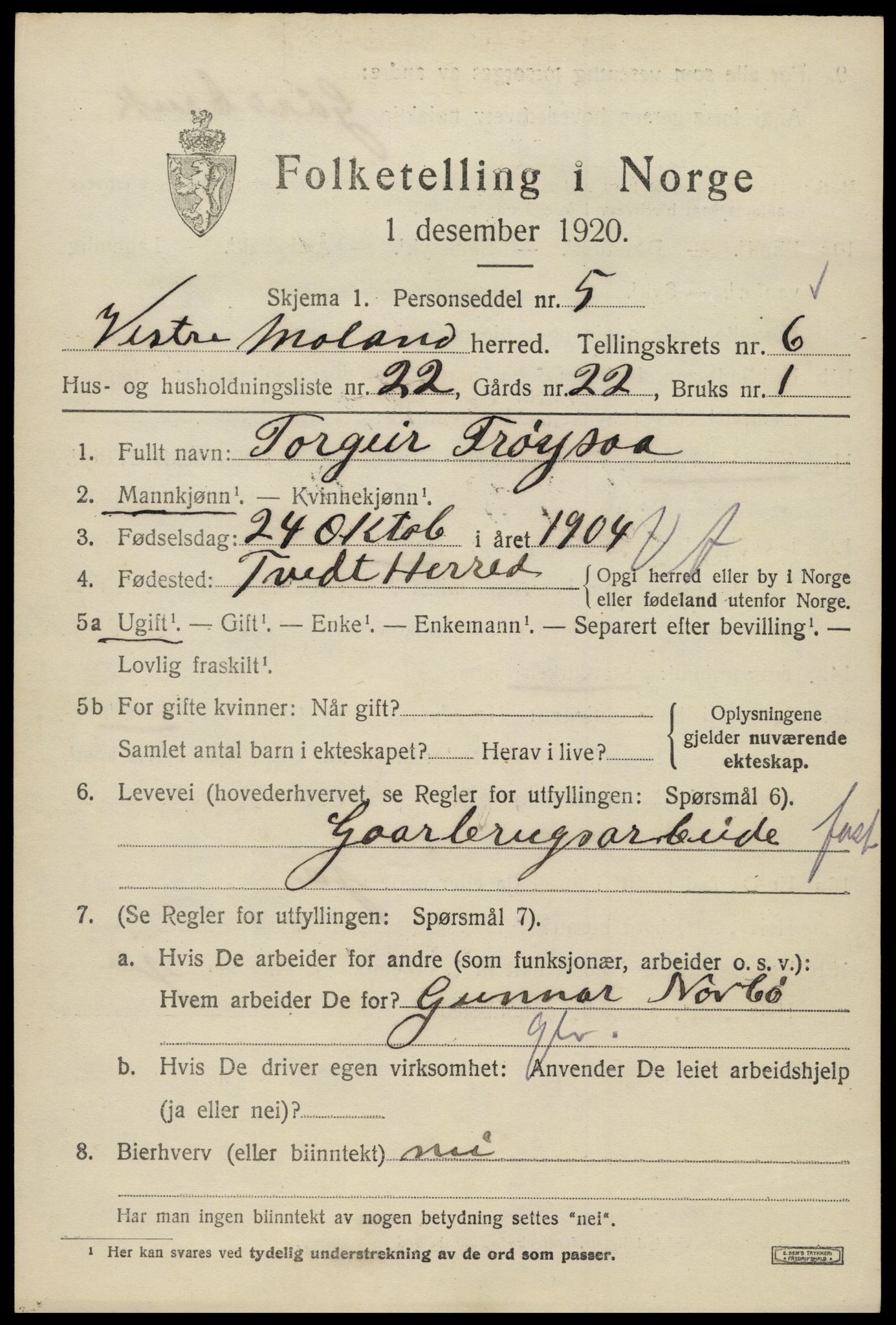 SAK, 1920 census for Vestre Moland, 1920, p. 4765