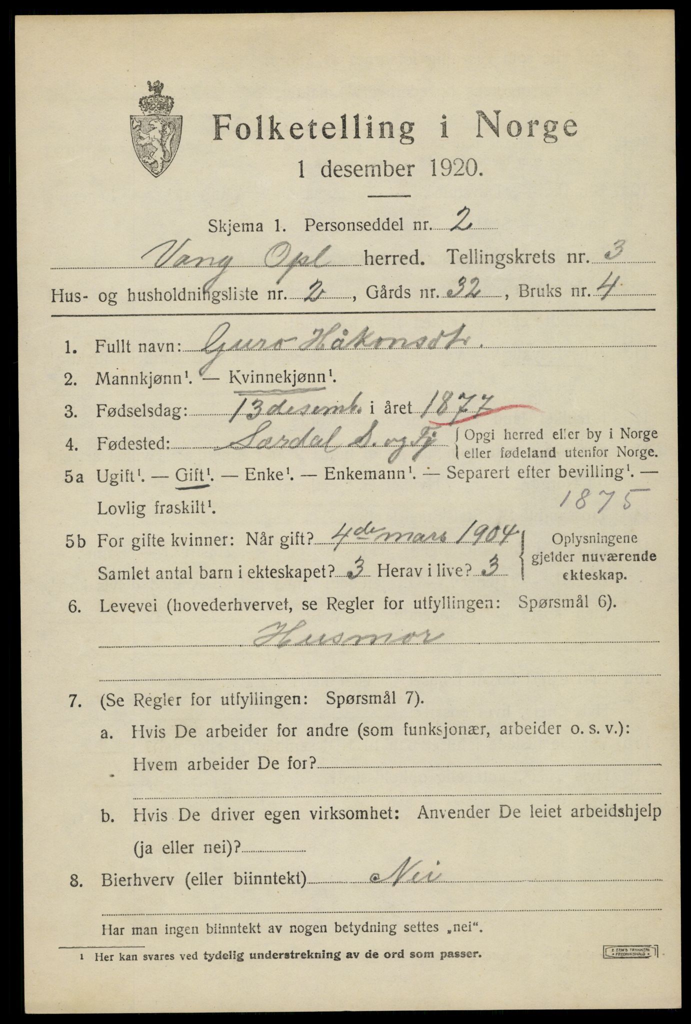 SAH, 1920 census for Vang (Oppland), 1920, p. 1357