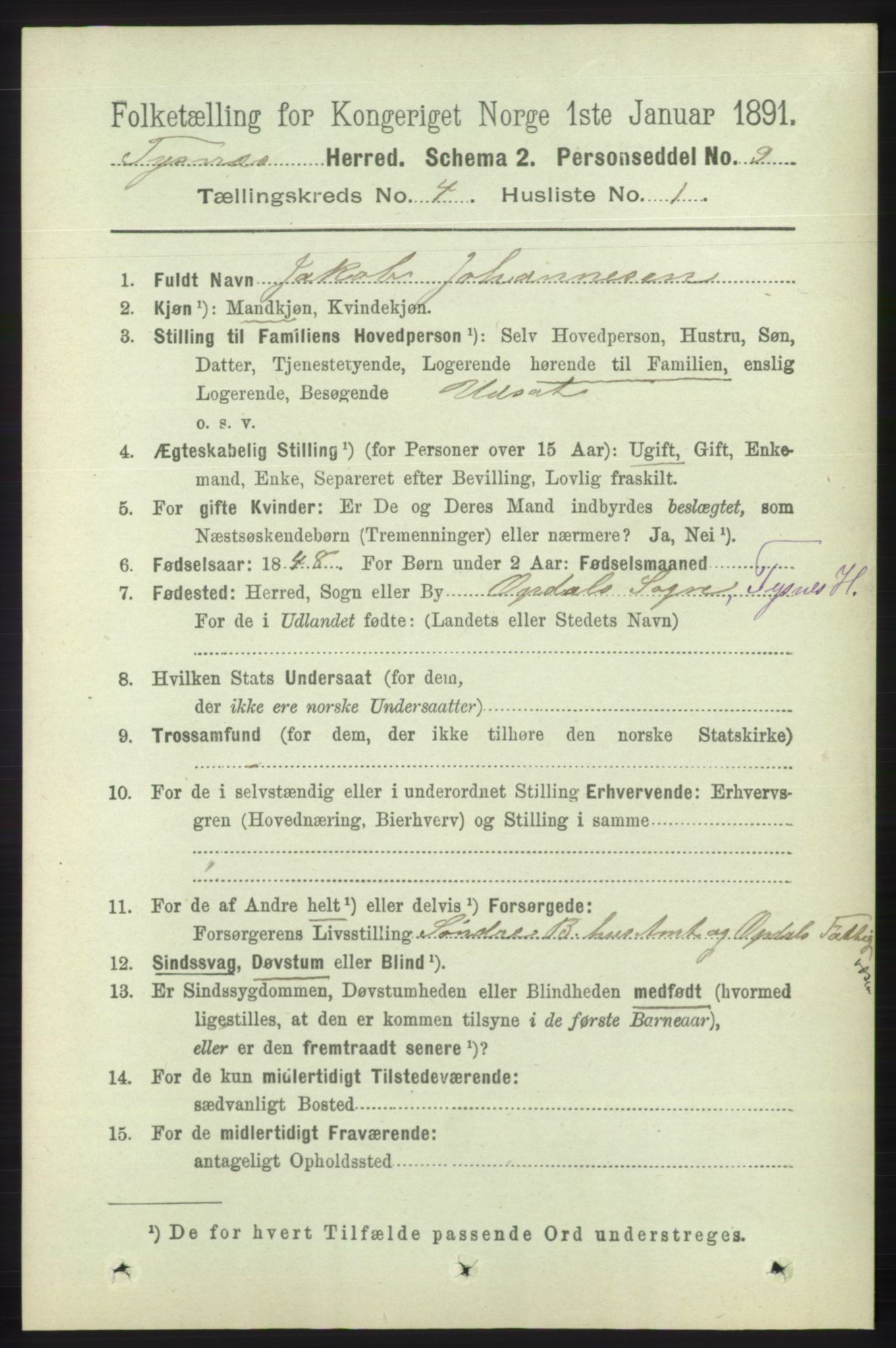 RA, 1891 census for 1223 Tysnes, 1891, p. 1540