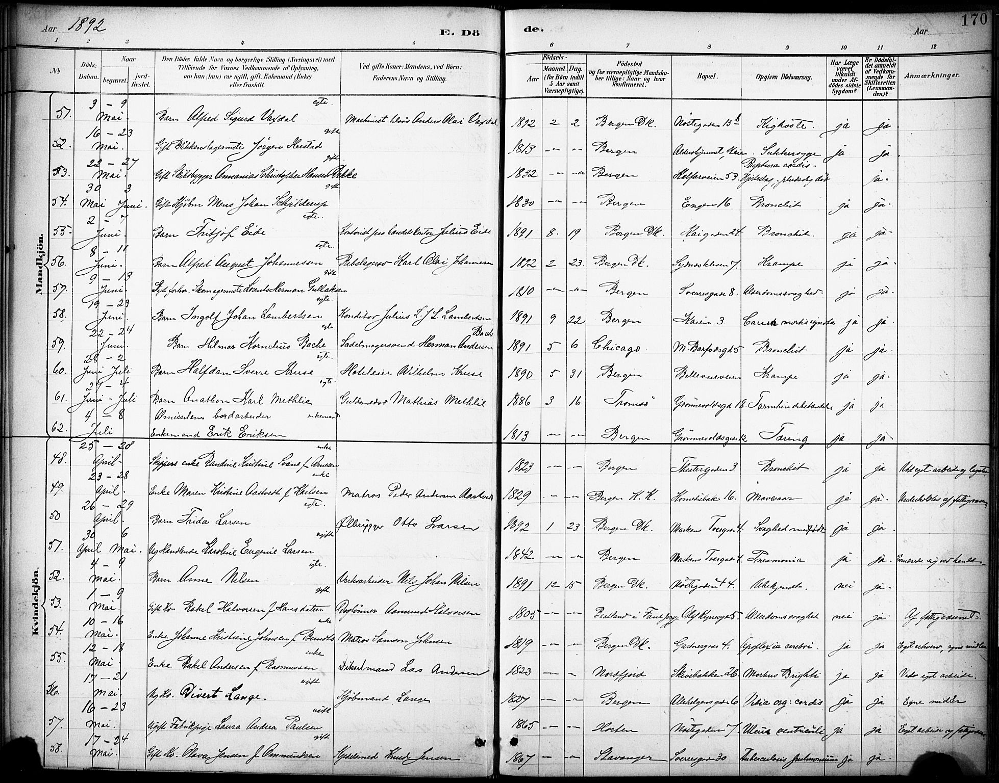 Domkirken sokneprestembete, SAB/A-74801/H/Haa/L0043: Parish register (official) no. E 5, 1882-1904, p. 170