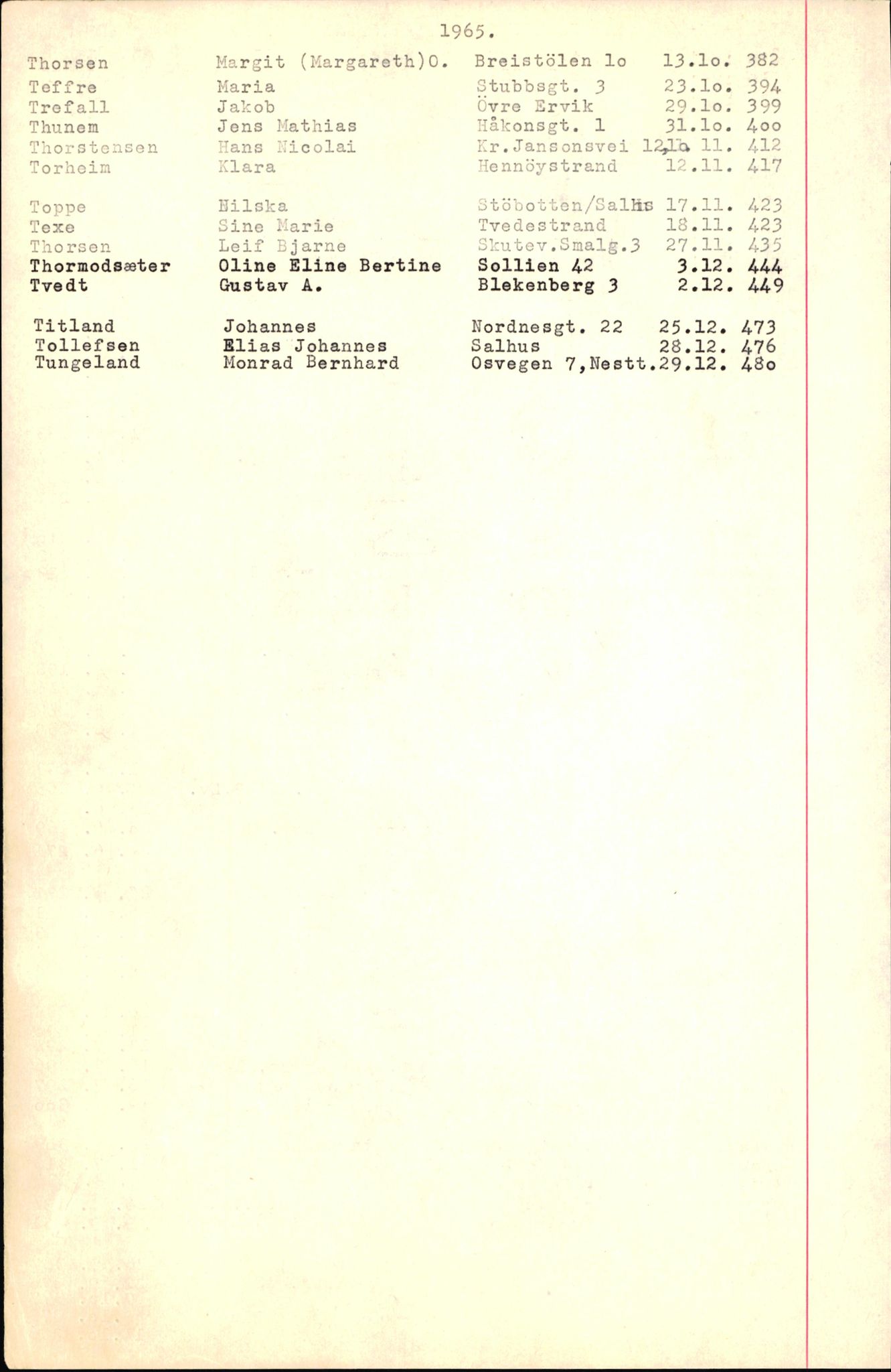 Byfogd og Byskriver i Bergen, SAB/A-3401/06/06Nb/L0007: Register til dødsfalljournaler, 1956-1965, p. 335