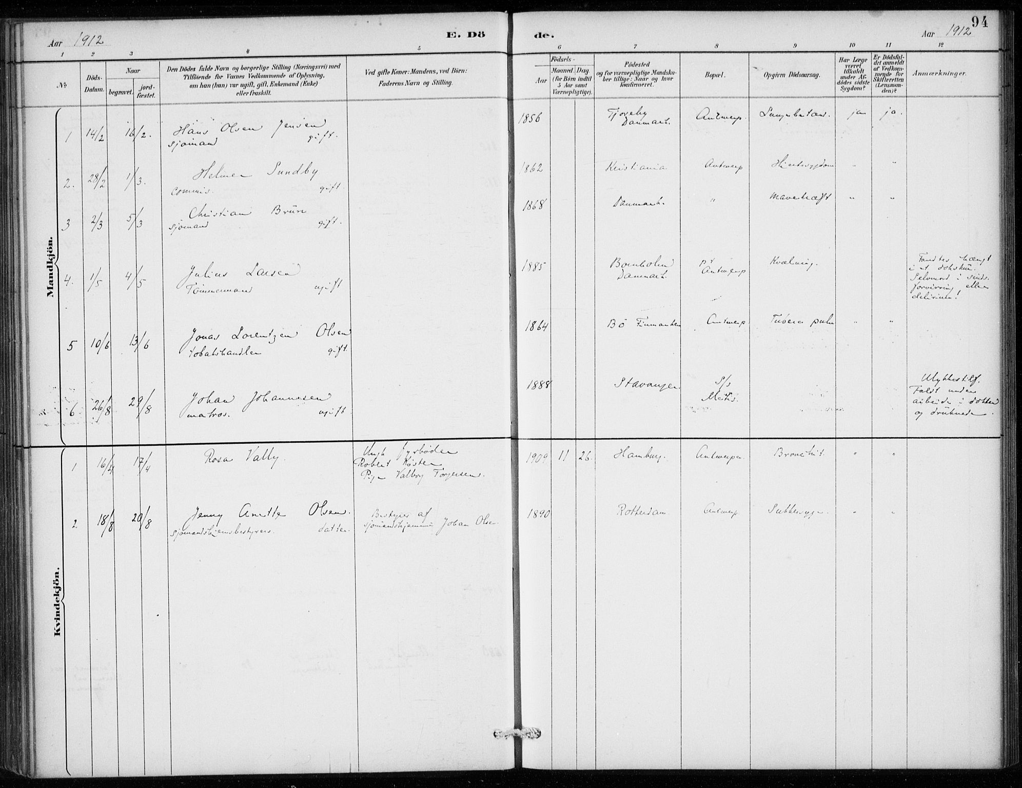 Den norske sjømannsmisjon i utlandet/Antwerpen, SAB/SAB/PA-0105/H/Ha/L0002: Parish register (official) no. A 2, 1887-1913, p. 94