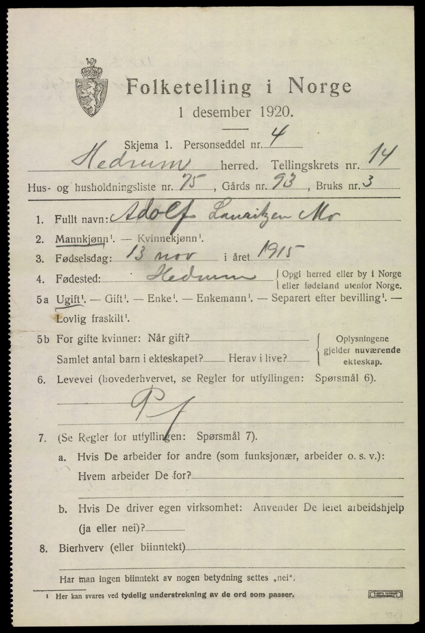 SAKO, 1920 census for Hedrum, 1920, p. 9865