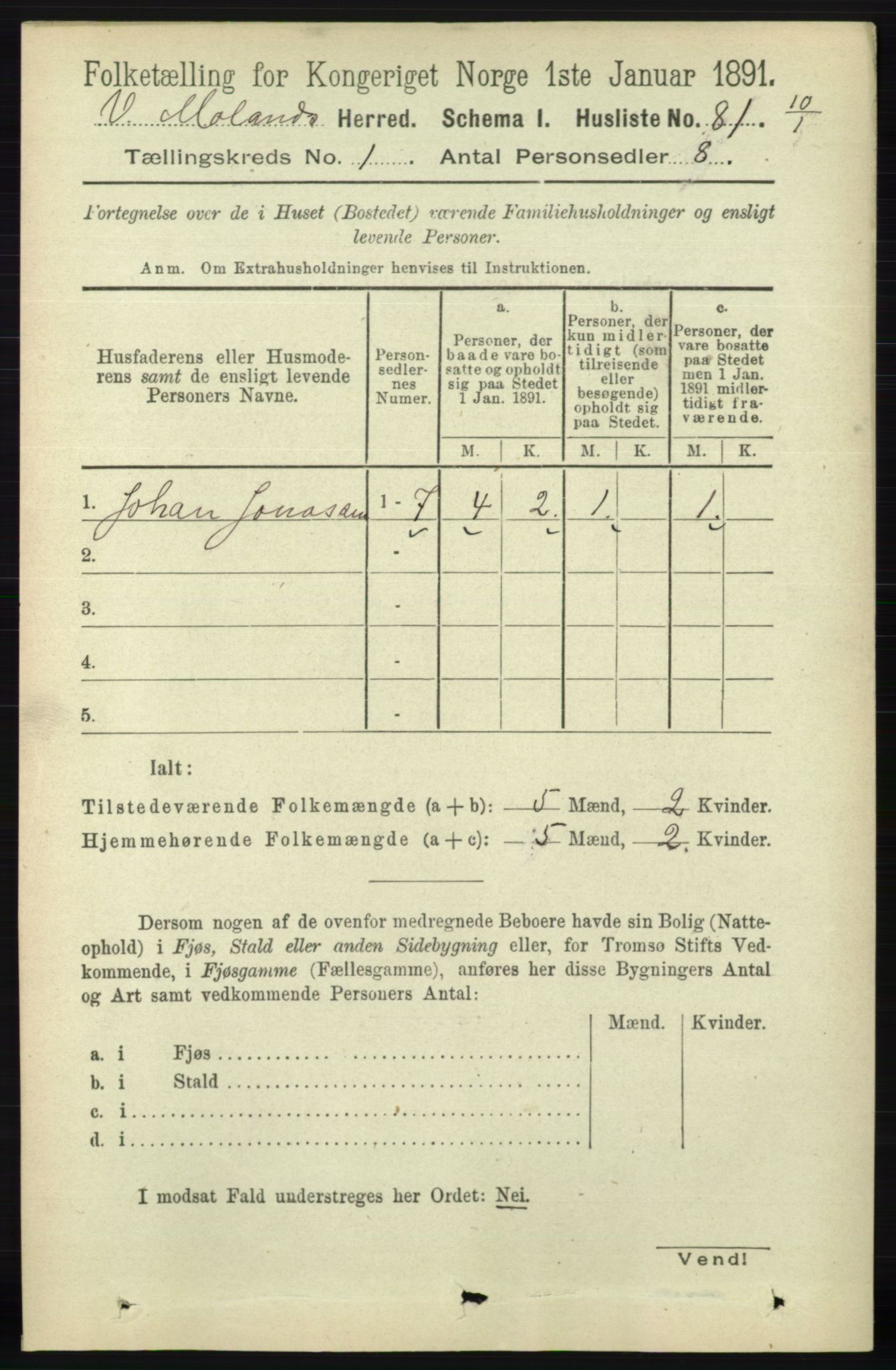 RA, 1891 census for 0926 Vestre Moland, 1891, p. 106