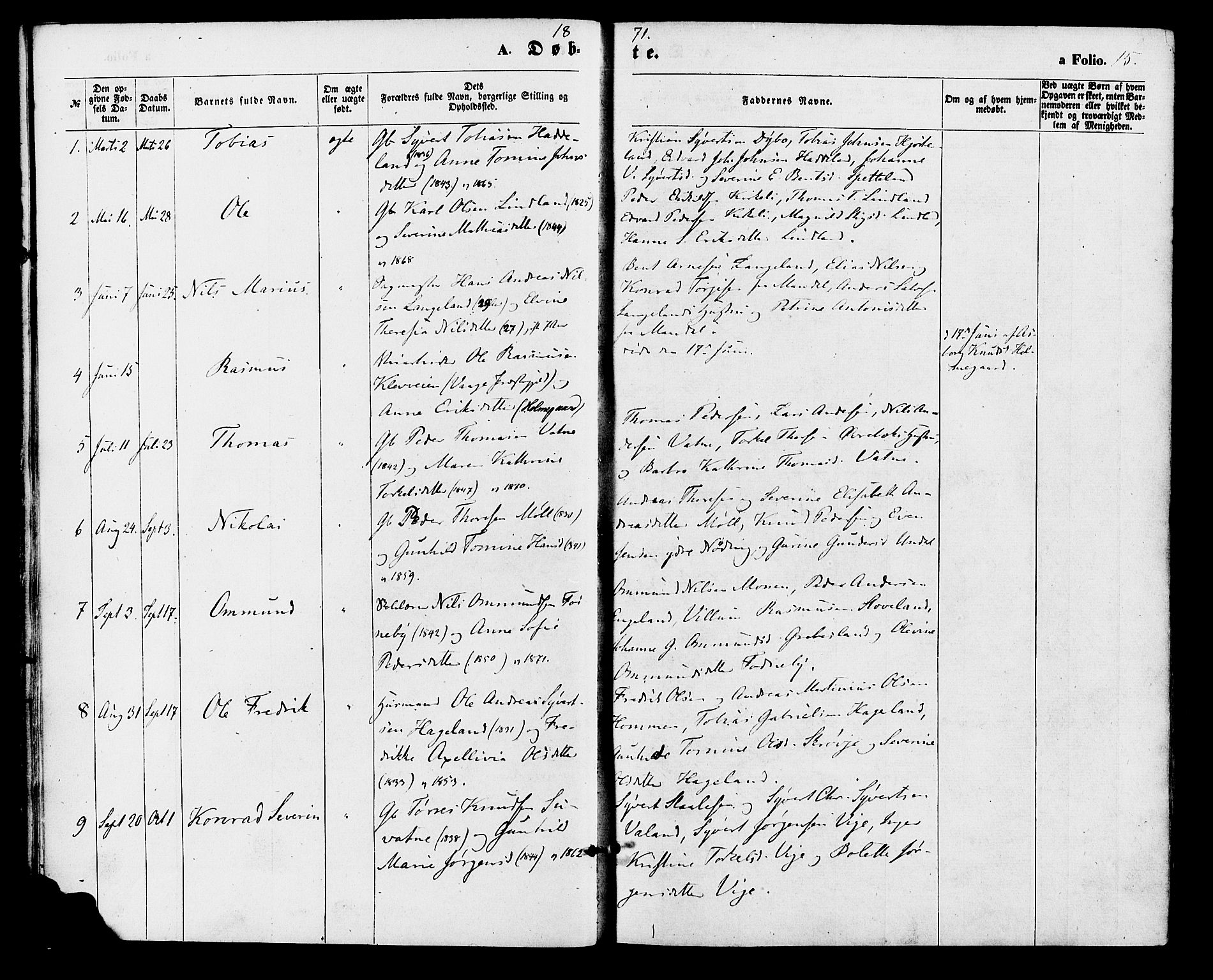 Holum sokneprestkontor, AV/SAK-1111-0022/F/Fa/Faa/L0006: Parish register (official) no. A 6, 1865-1883, p. 15