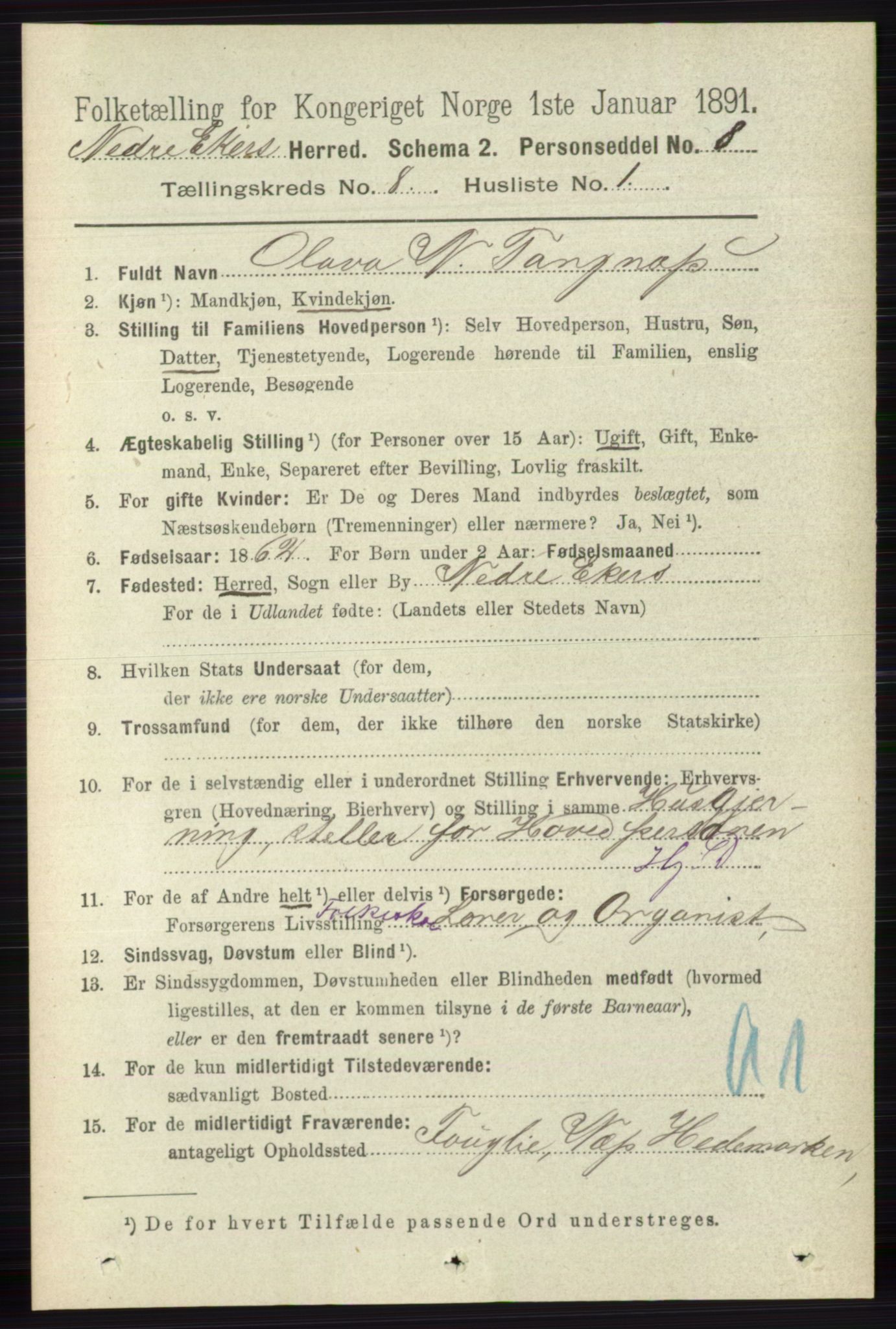 RA, 1891 census for 0625 Nedre Eiker, 1891, p. 3960