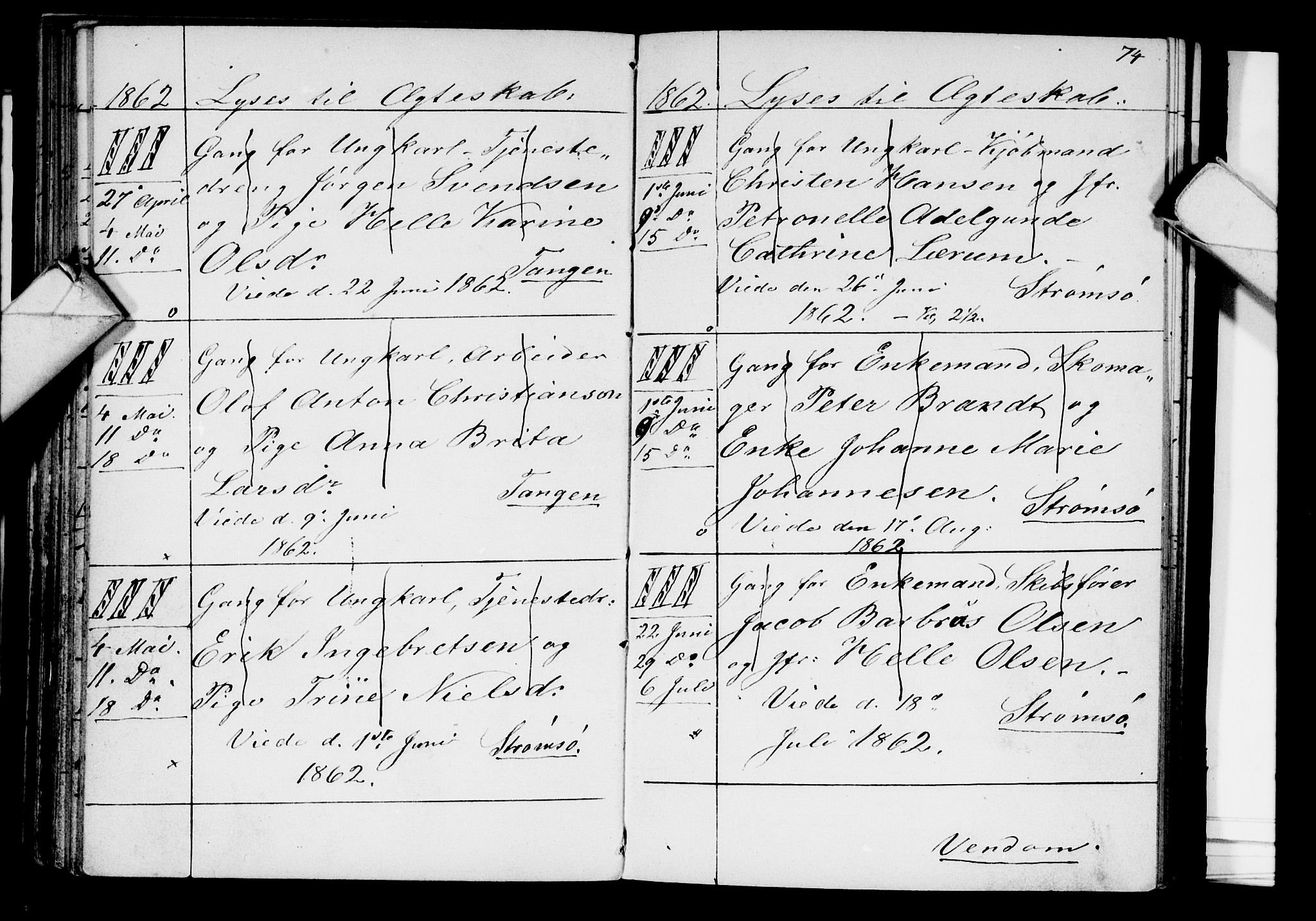 Strømsø kirkebøker, SAKO/A-246/H/Ha/L0002: Banns register no. 2, 1850-1866, p. 74