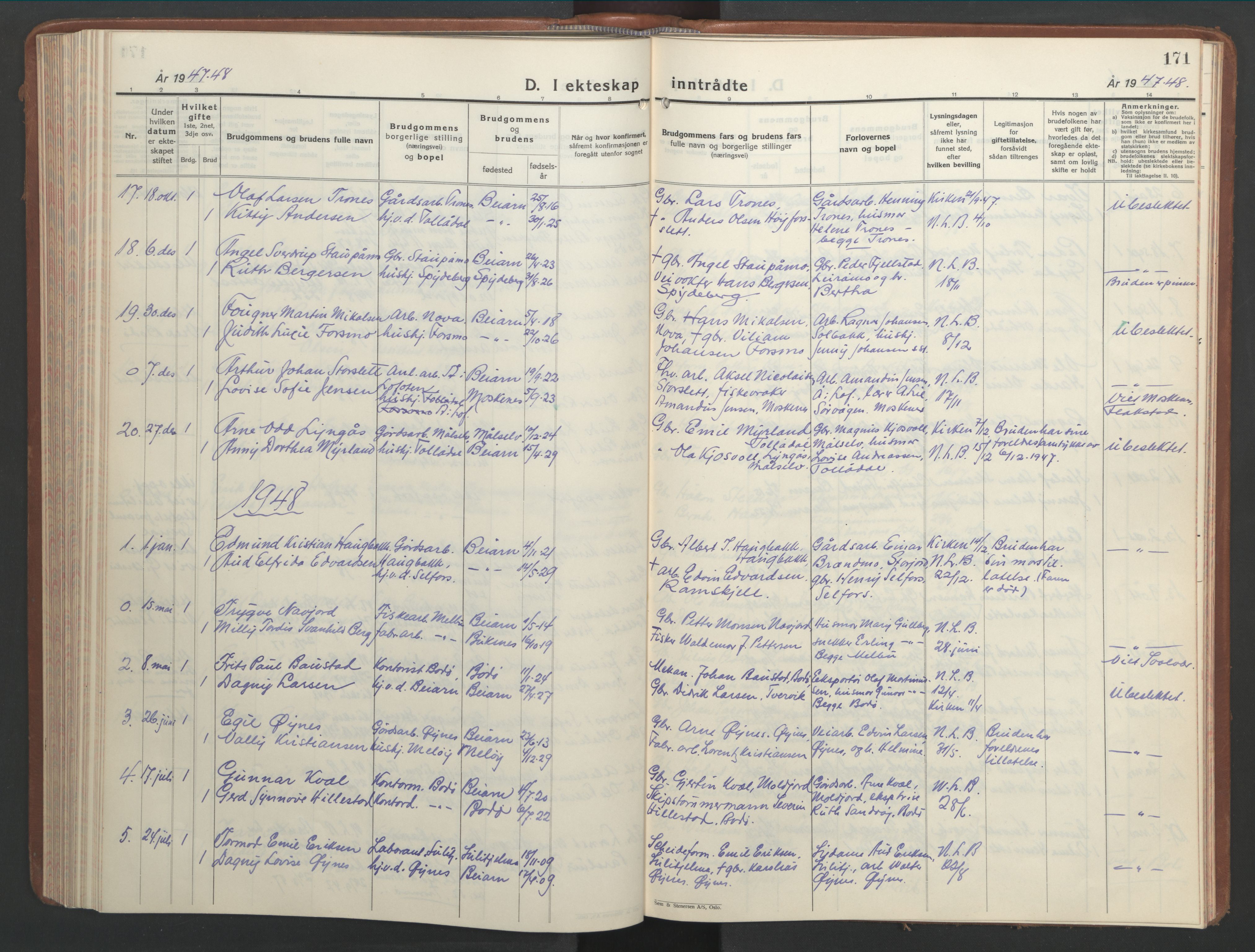 Ministerialprotokoller, klokkerbøker og fødselsregistre - Nordland, AV/SAT-A-1459/846/L0657: Parish register (copy) no. 846C07, 1936-1952, p. 171